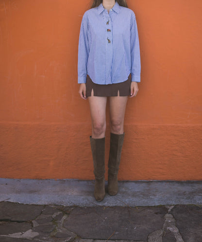 Vintage Blue Striped Cotton Blouse with Elephant Embroidery