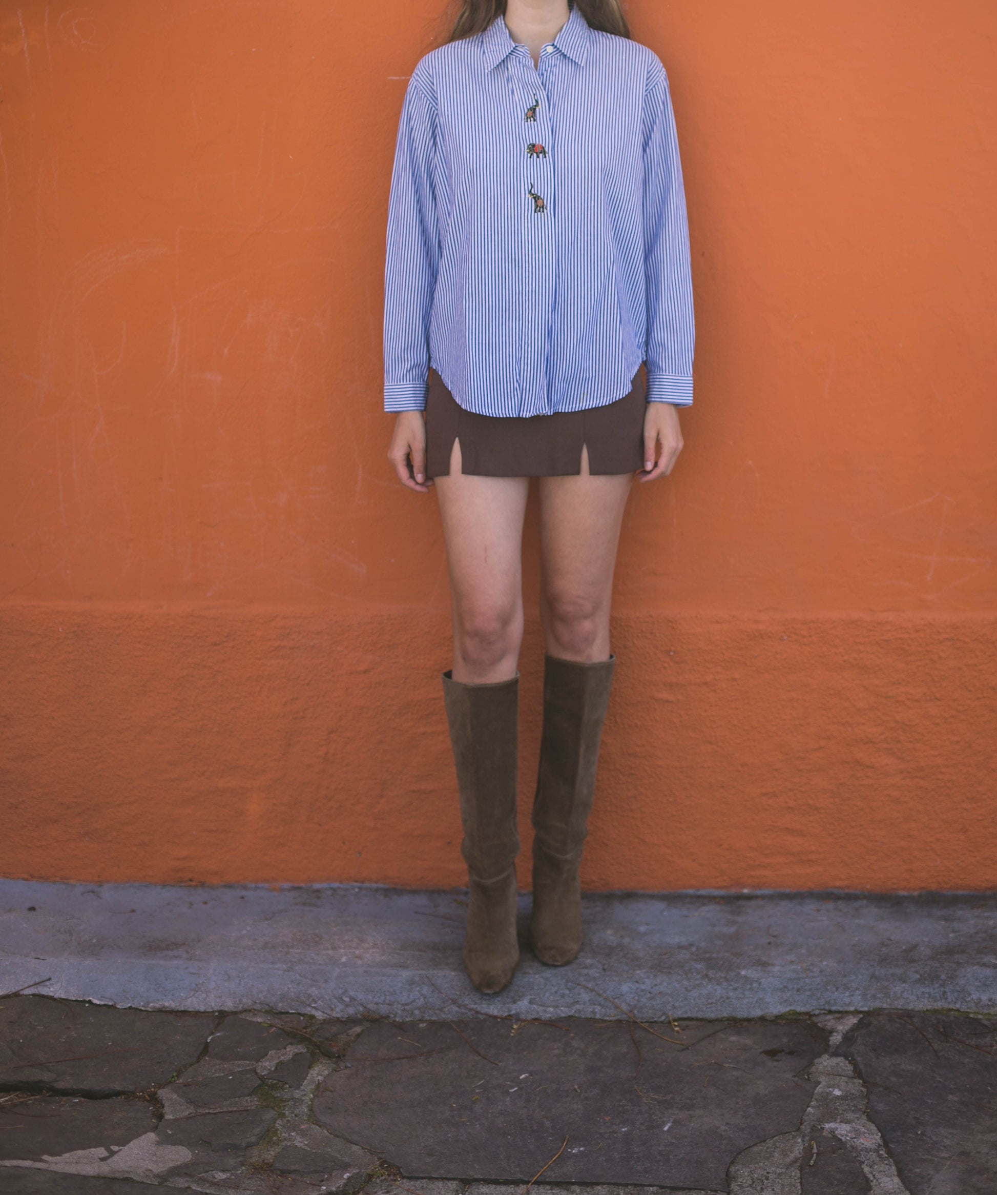 Elephant embroidered blue and white striped button up woman shirt, Vintage oxford shirt M