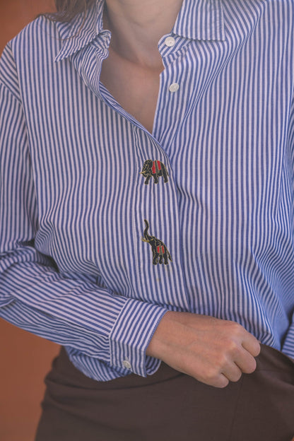 Vintage Blue Striped Cotton Blouse with Elephant Embroidery