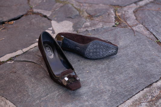 Vintage suede Tod's high heels, Comfortable dark brown designer shoe size 38.5, Summer pumps