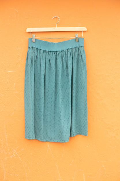 Vintage Teal Dobby Midi Skirt, High Waist Floral Skirt