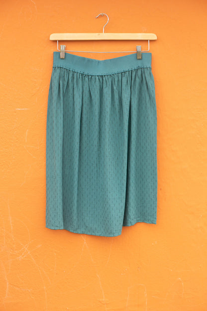 Vintage Teal Dobby Midi Skirt, High Waist Floral Skirt