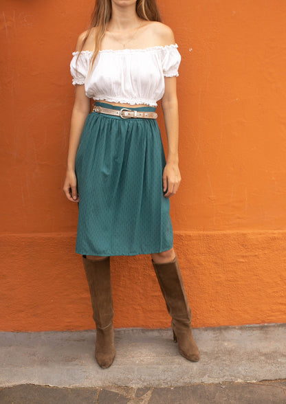 Vintage Teal Dobby Midi Skirt, High Waist Floral Skirt