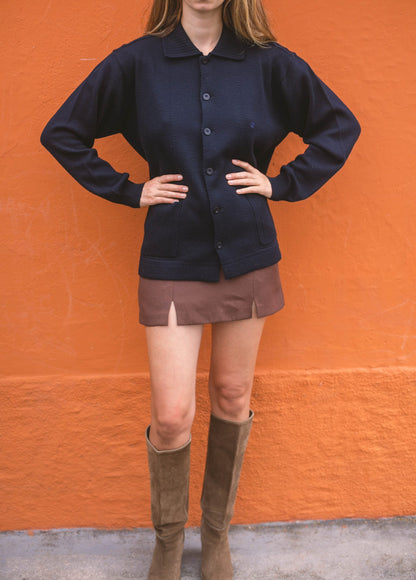 Vintage Pierre Cardin Navy Wool Cardigan — fabric close-up