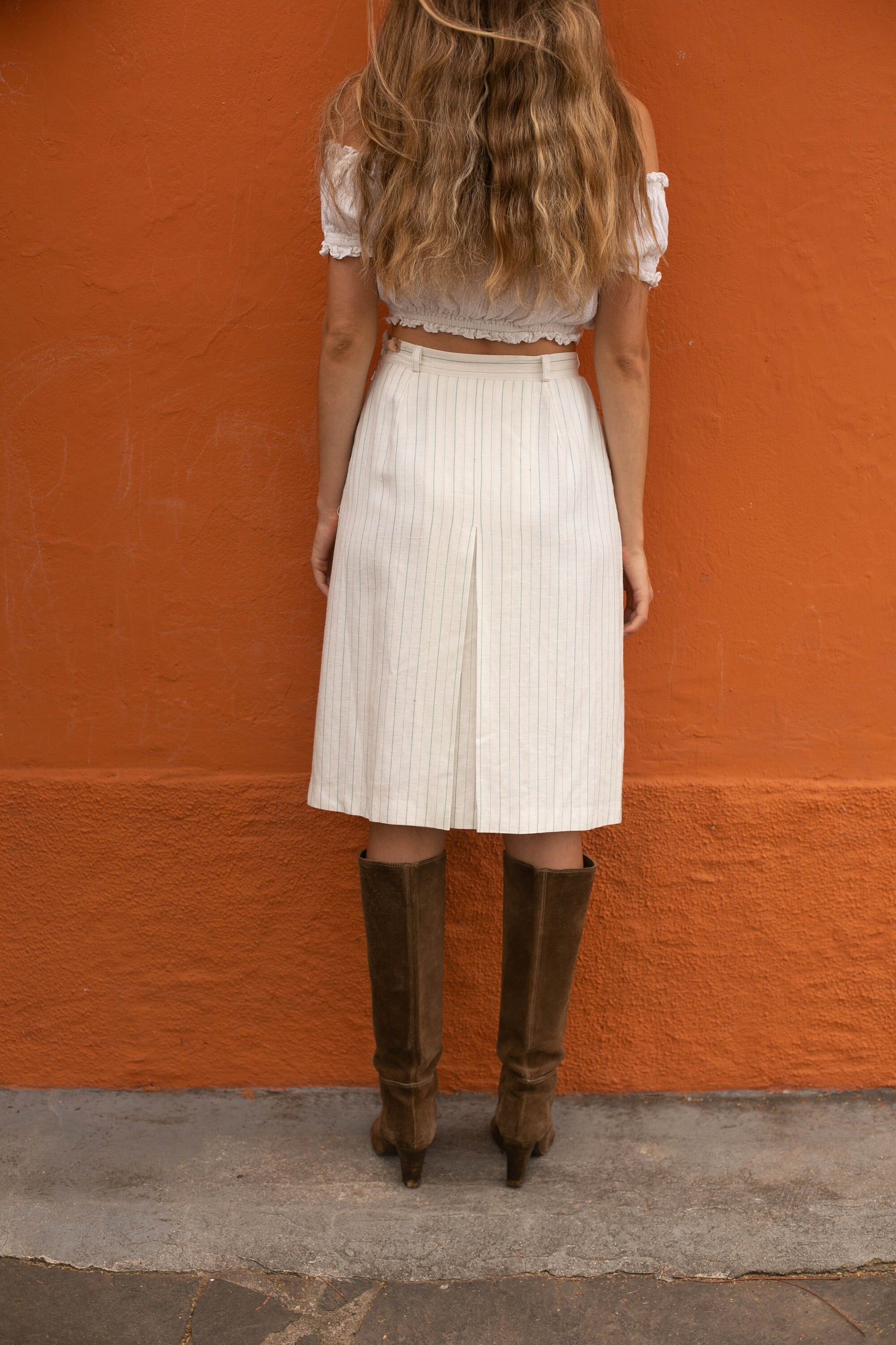 Cottage core linen midi skirt, Elegant high waist skirt, Romantic dreamy summer skirt, Chic Striped Linen-Blend Pencil Skirt, Size USA S