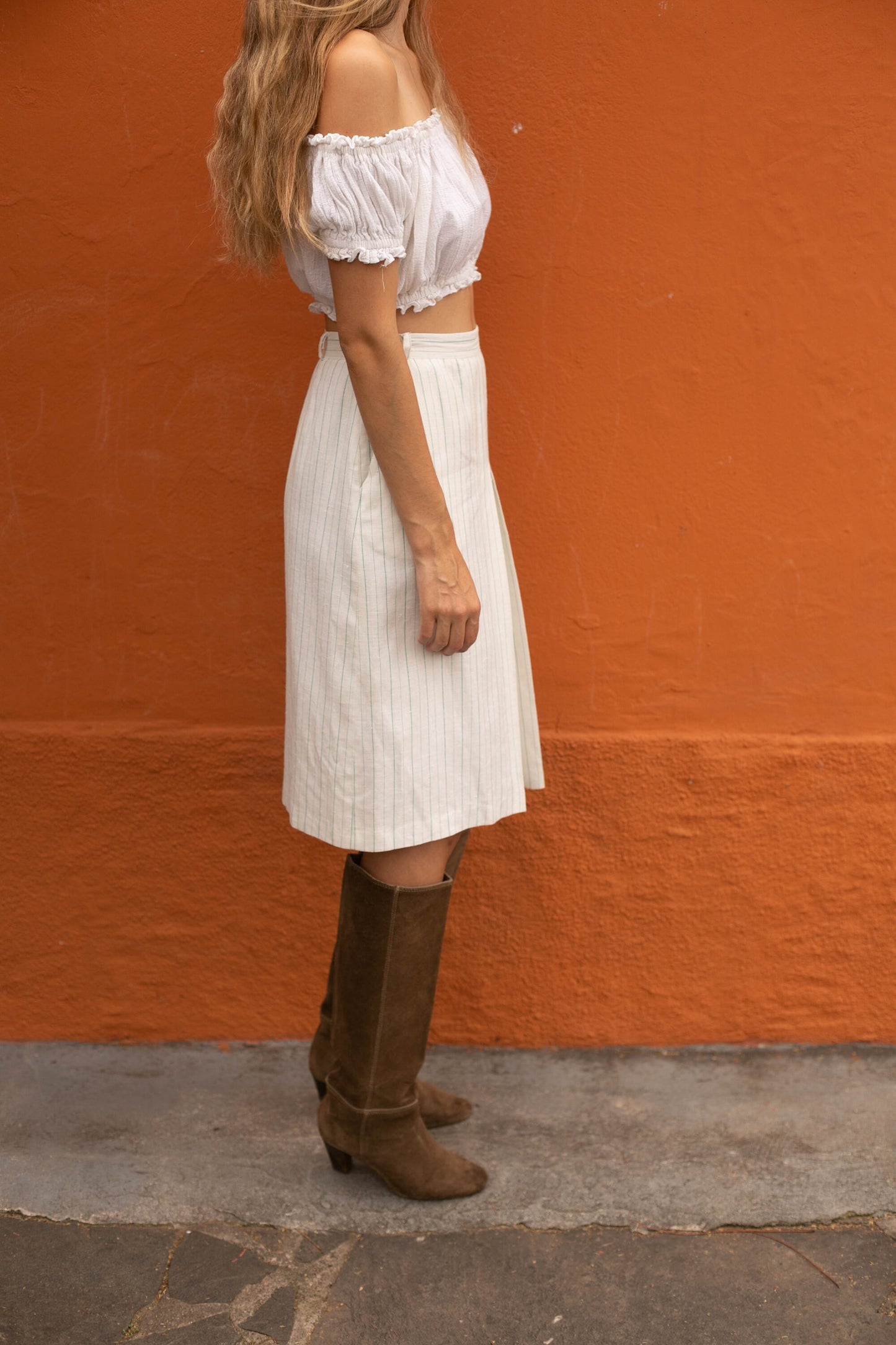 Cottage core linen midi skirt, Elegant high waist skirt, Romantic dreamy summer skirt, Chic Striped Linen-Blend Pencil Skirt, Size USA S