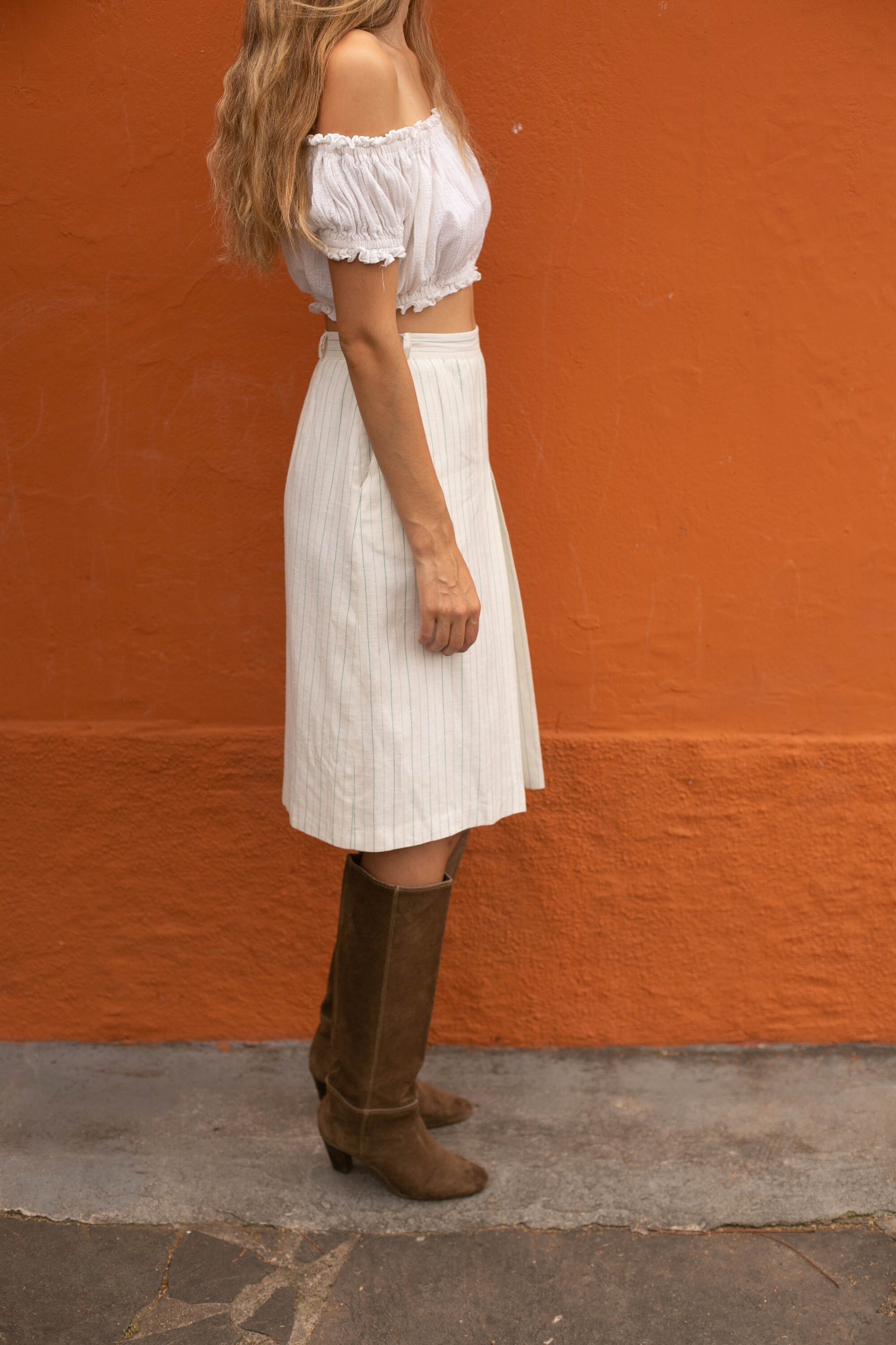 Cottage core linen midi skirt, Elegant high waist skirt, Romantic dreamy summer skirt, Chic Striped Linen-Blend Pencil Skirt, Size USA S