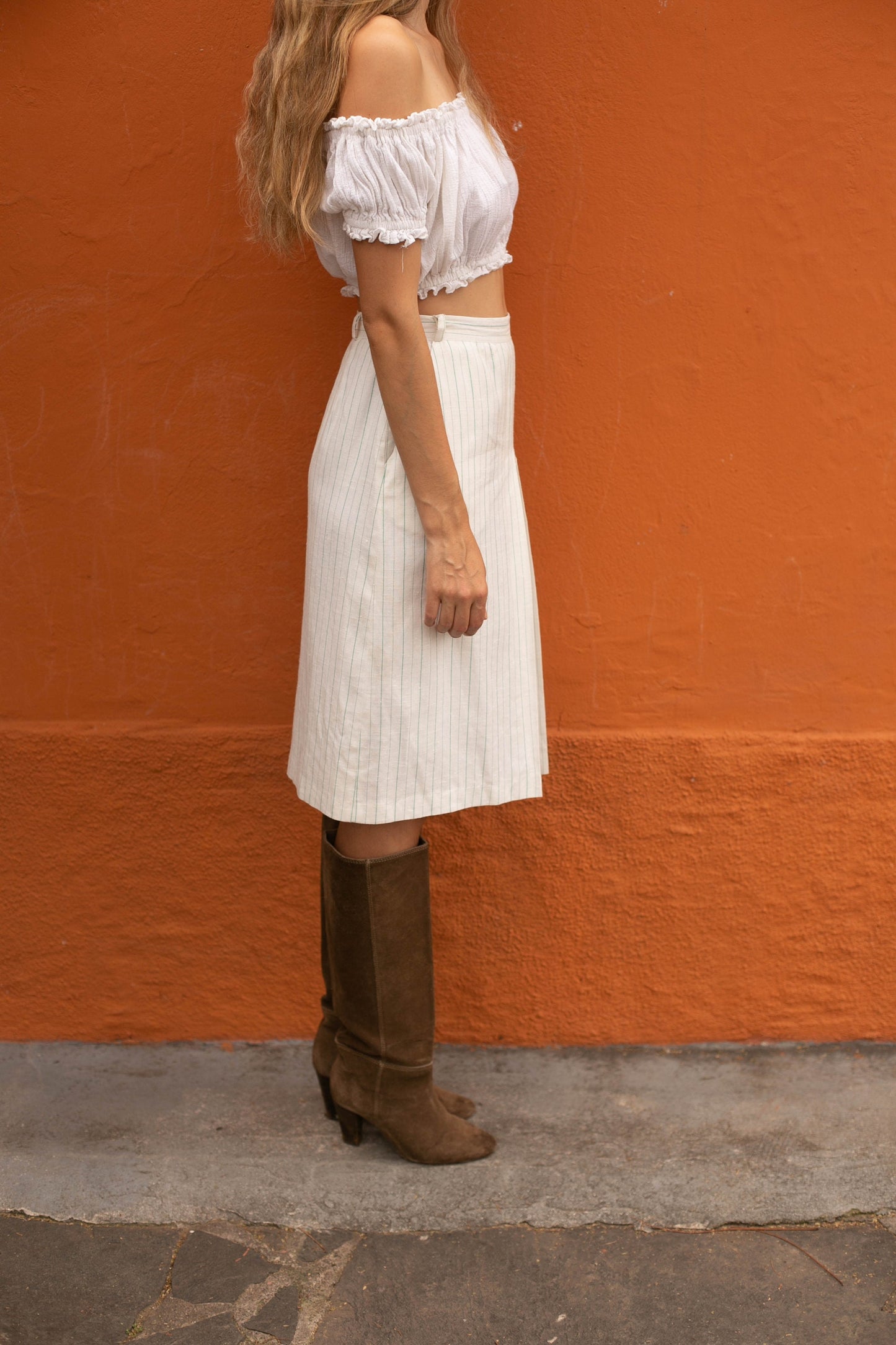 Cottage core linen midi skirt, Elegant high waist skirt, Romantic dreamy summer skirt, Chic Striped Linen-Blend Pencil Skirt, Size USA S