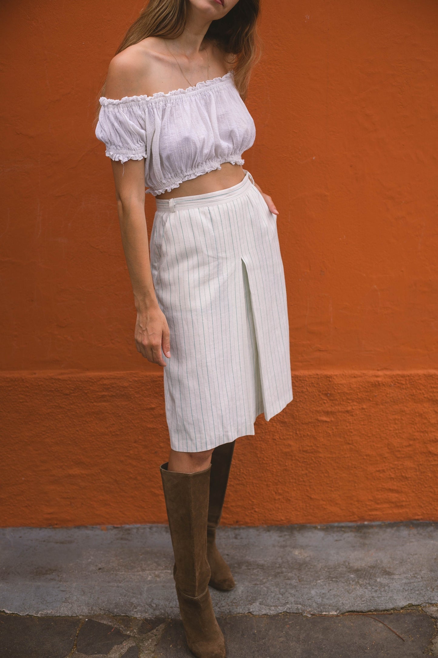 Cottage core linen midi skirt, Elegant high waist skirt, Romantic dreamy summer skirt, Chic Striped Linen-Blend Pencil Skirt, Size USA S