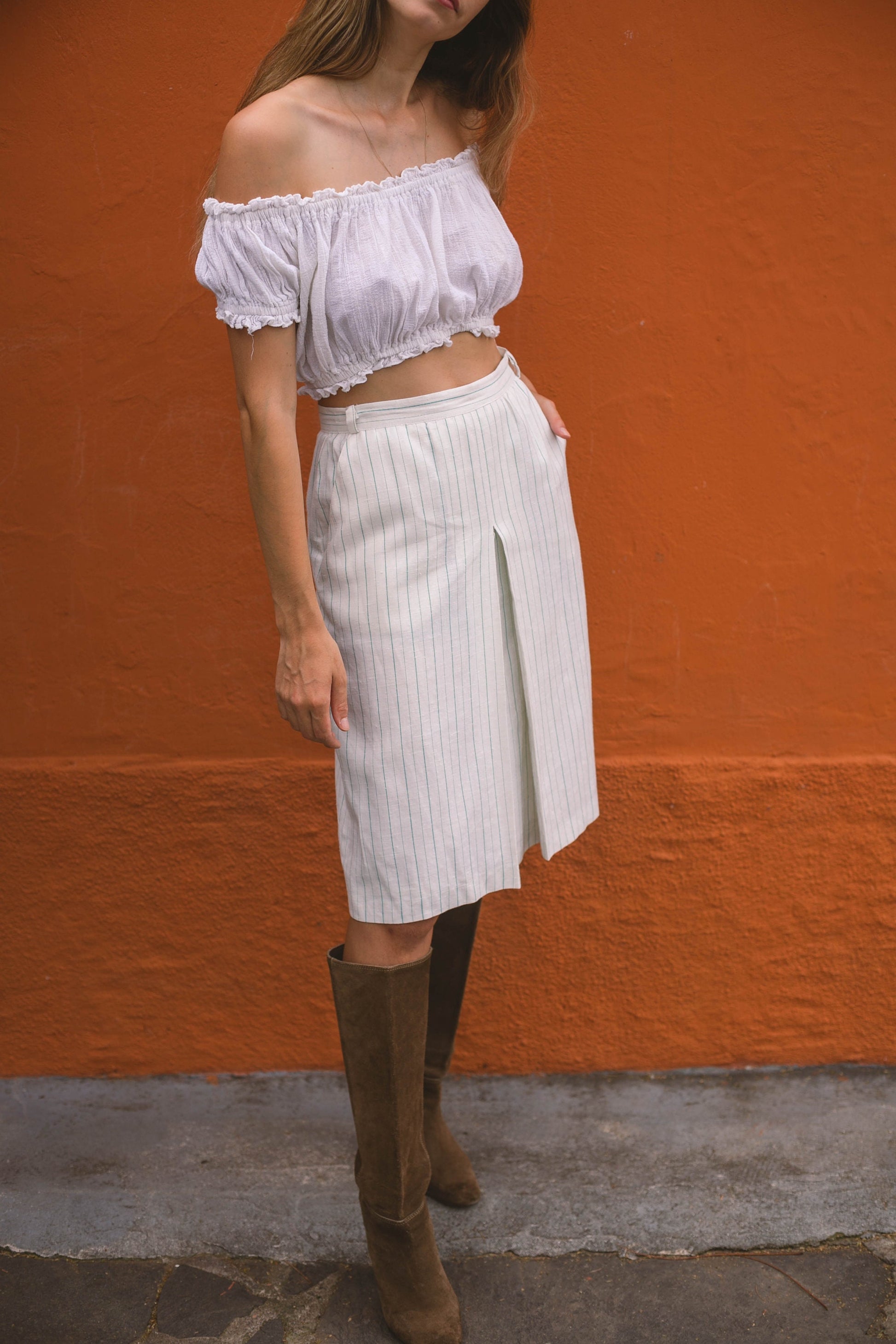 Cottage core linen midi skirt, Elegant high waist skirt, Romantic dreamy summer skirt, Chic Striped Linen-Blend Pencil Skirt, Size USA S