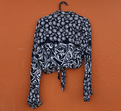 Vintage Boho Floral Crop Blouse, Long Sleeve Tie Front Shirt