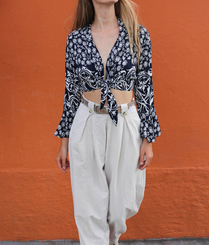 Vintage Boho Floral Crop Blouse, Long Sleeve Tie Front Shirt