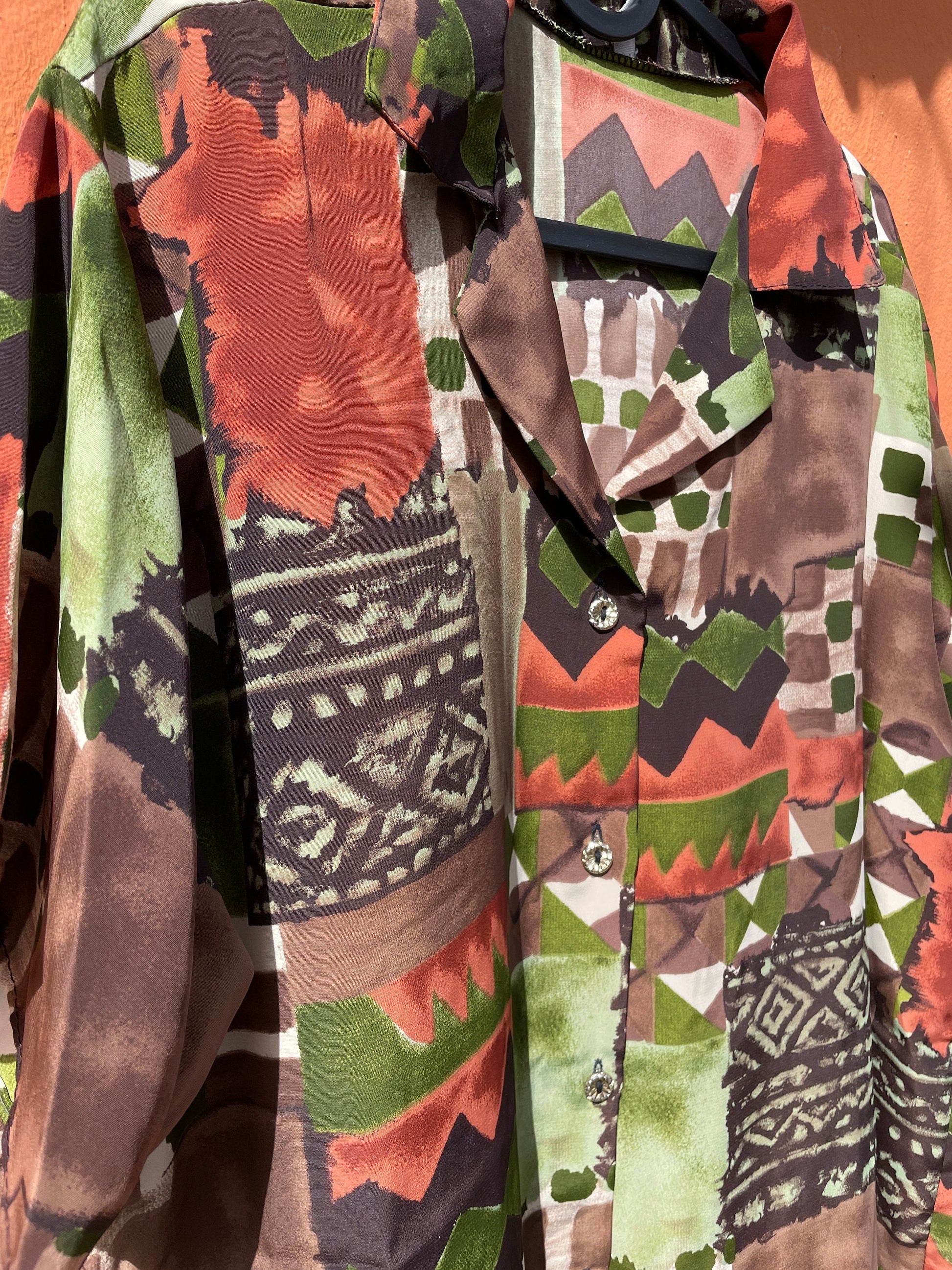 Vintage geometric print oversized blouse – earthy silk blend, retro boho style, abstract patch shirt, 80s top, artsy wear