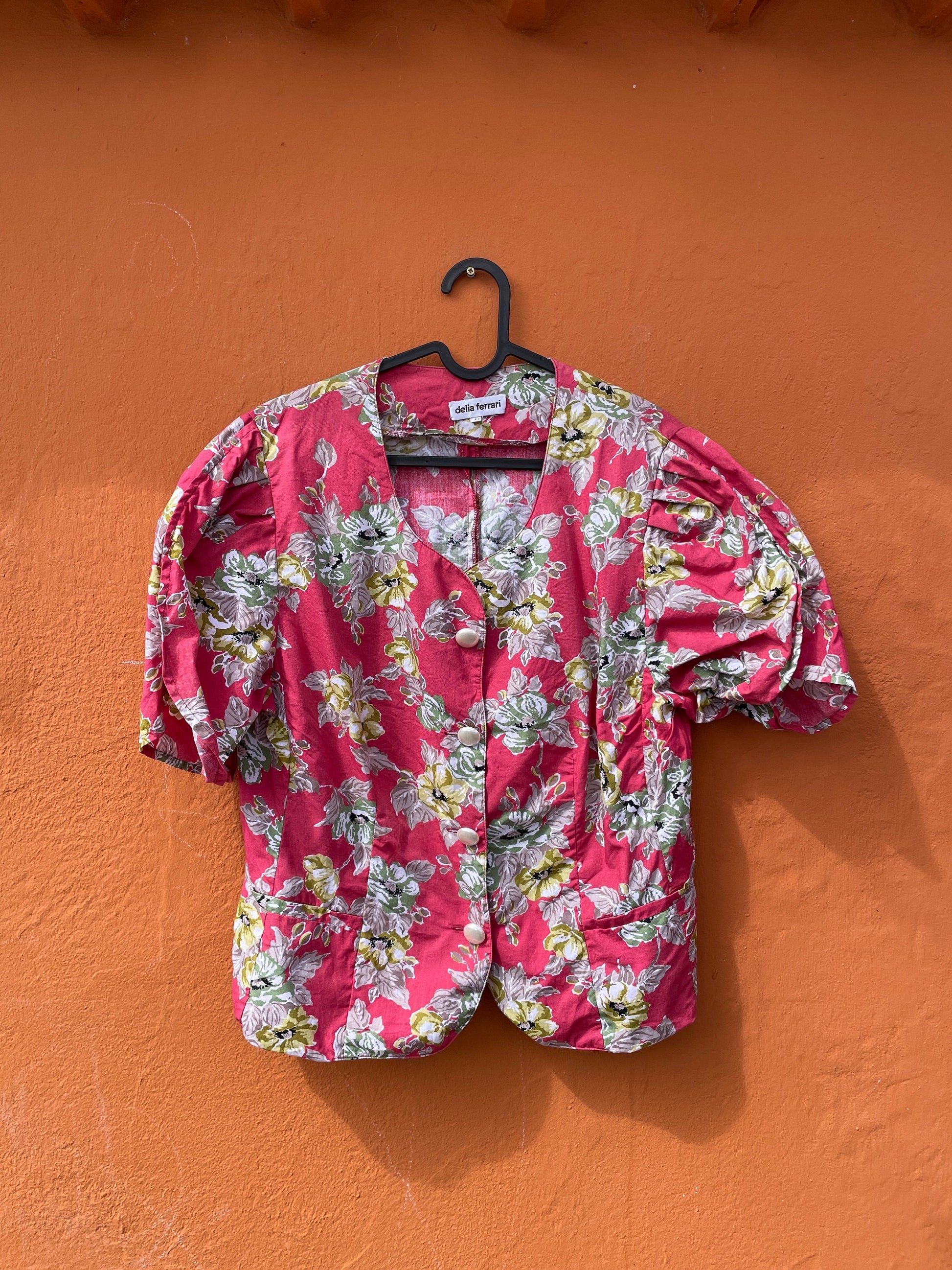 Vibrant Vintage Pink Floral Women's Blouse, Playful Retro blouse with Puffed Shoulders - Vintage Charm Meets Modern Style
