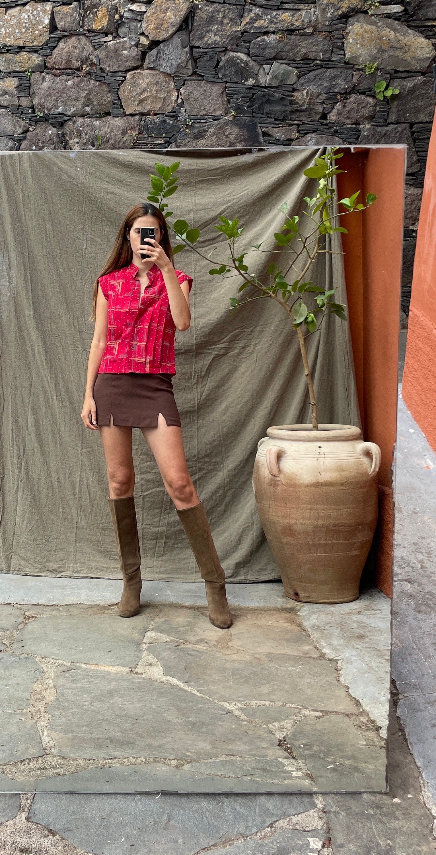 80s Vintage Cap Sleeve Blouse with Unique Pattern, Red vibrant summer button up shirt