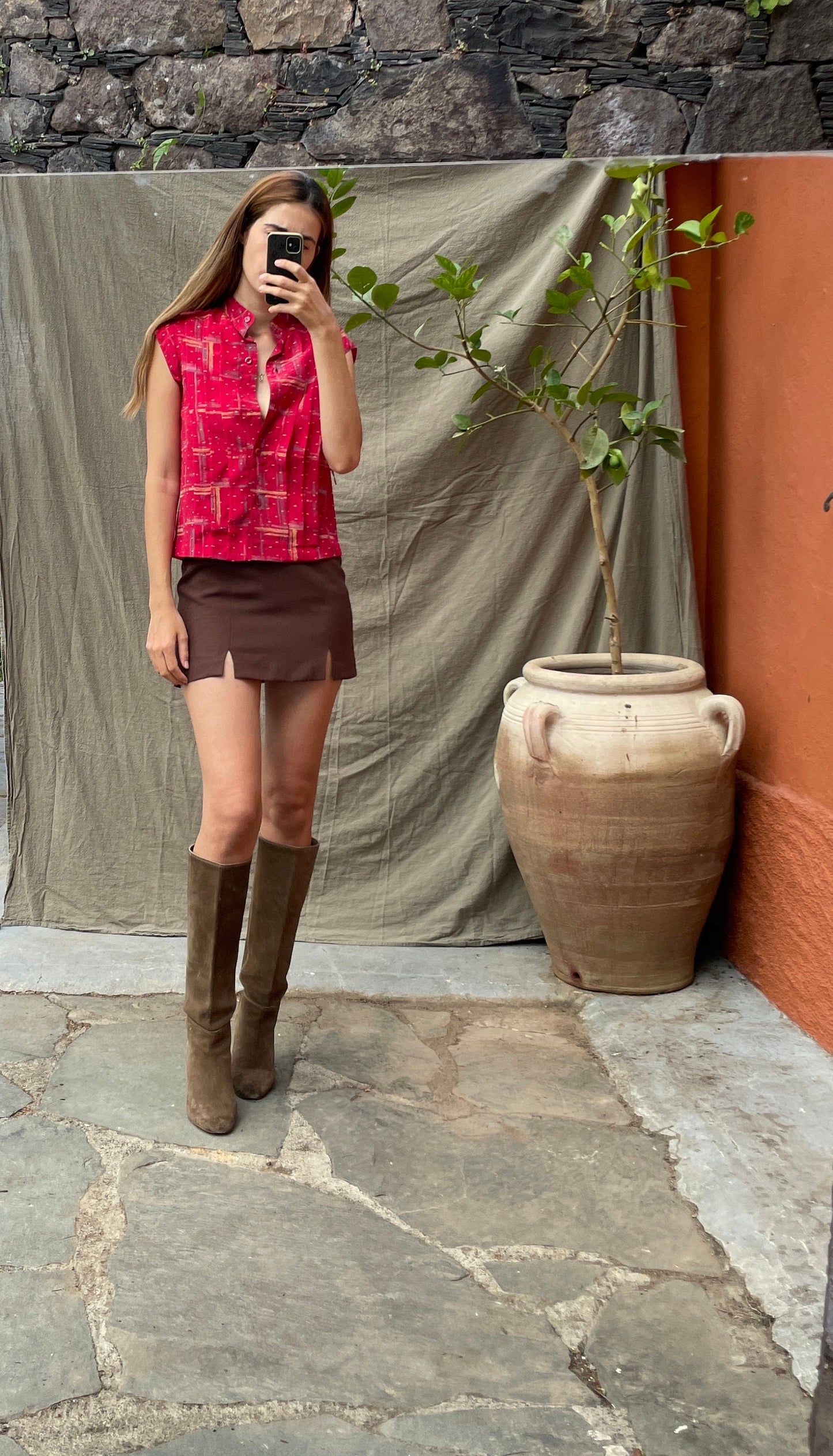 80s Vintage Cap Sleeve Blouse with Unique Pattern, Red vibrant summer button up shirt