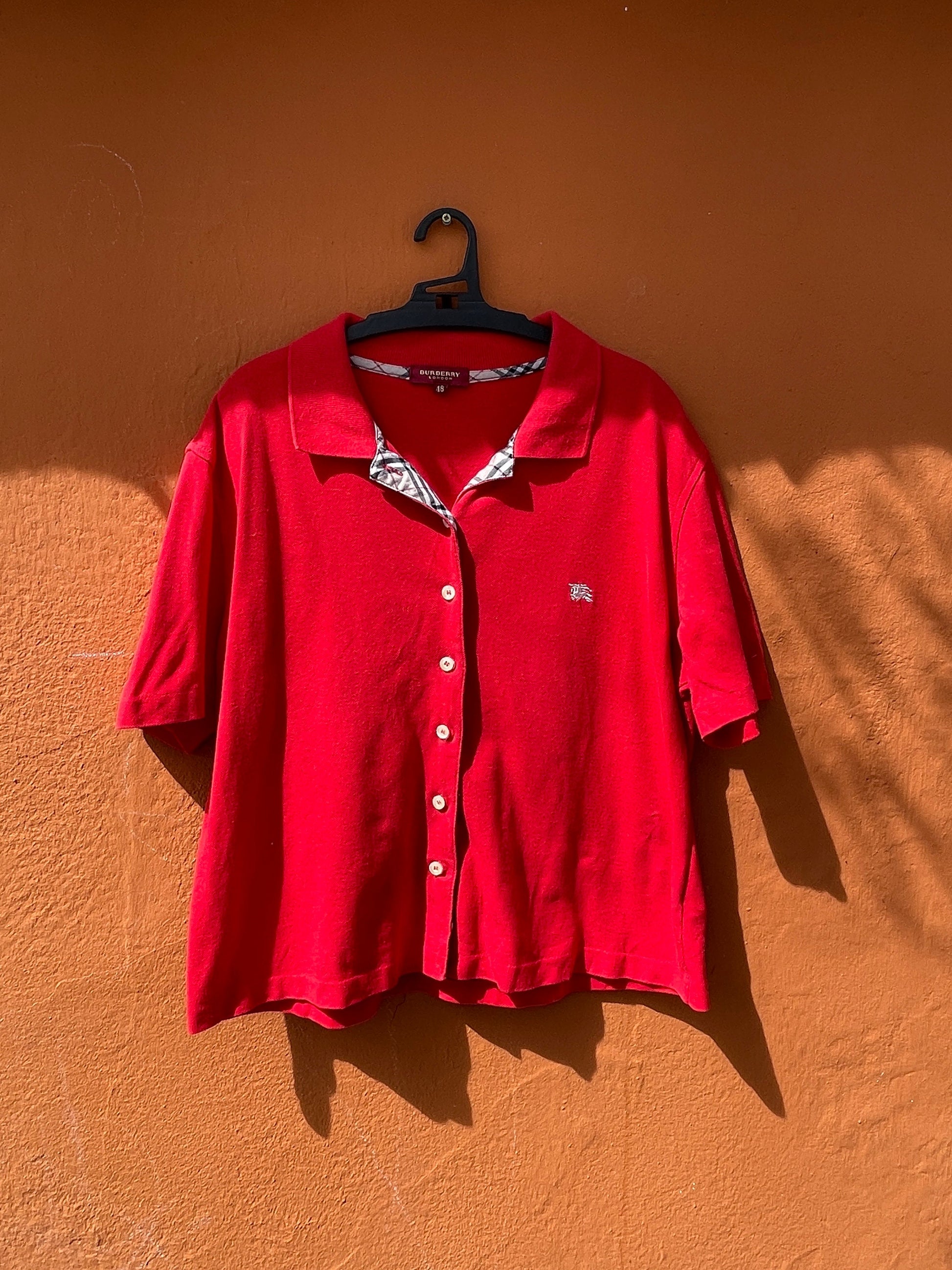 Vintage Burberry red polo shirt – check collar, logo detail, size M-L, Y2K designer button top