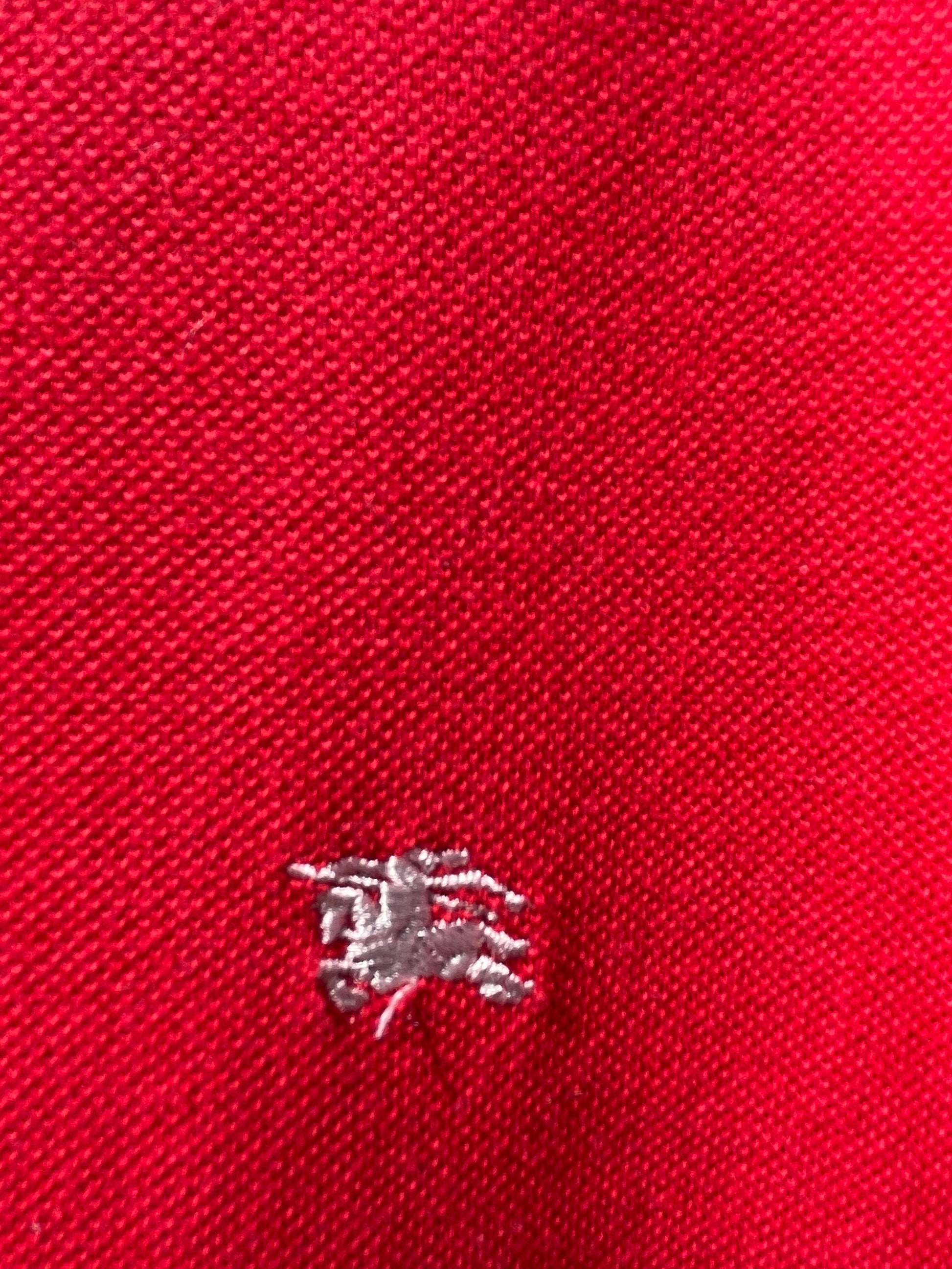 Vintage Burberry red polo shirt – check collar, logo detail, size M-L, Y2K designer button top