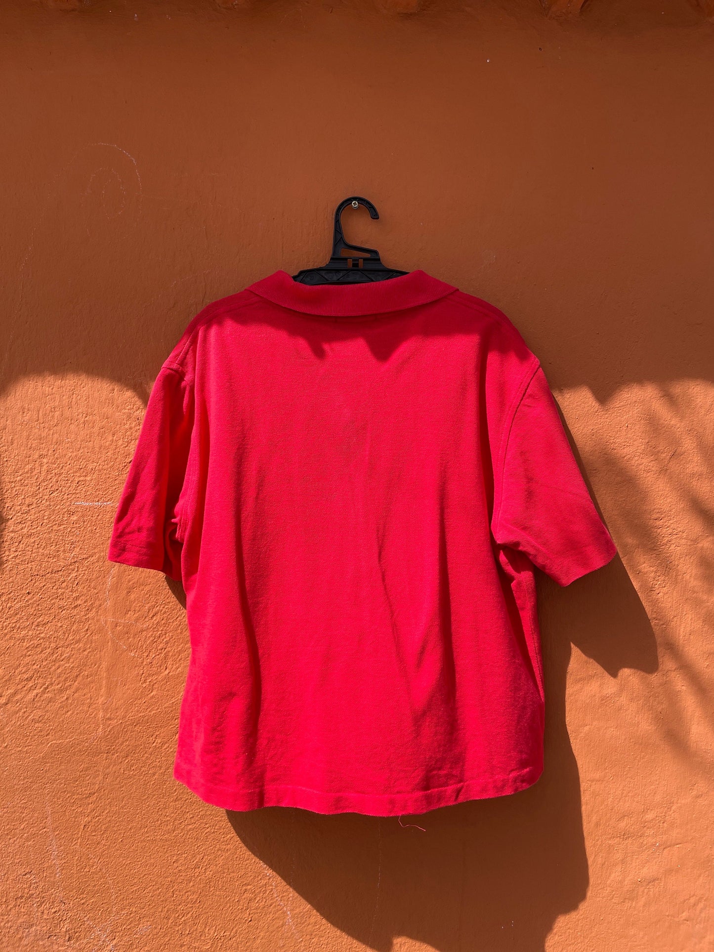 Vintage Burberry red polo shirt – check collar, logo detail, size M-L, Y2K designer button top