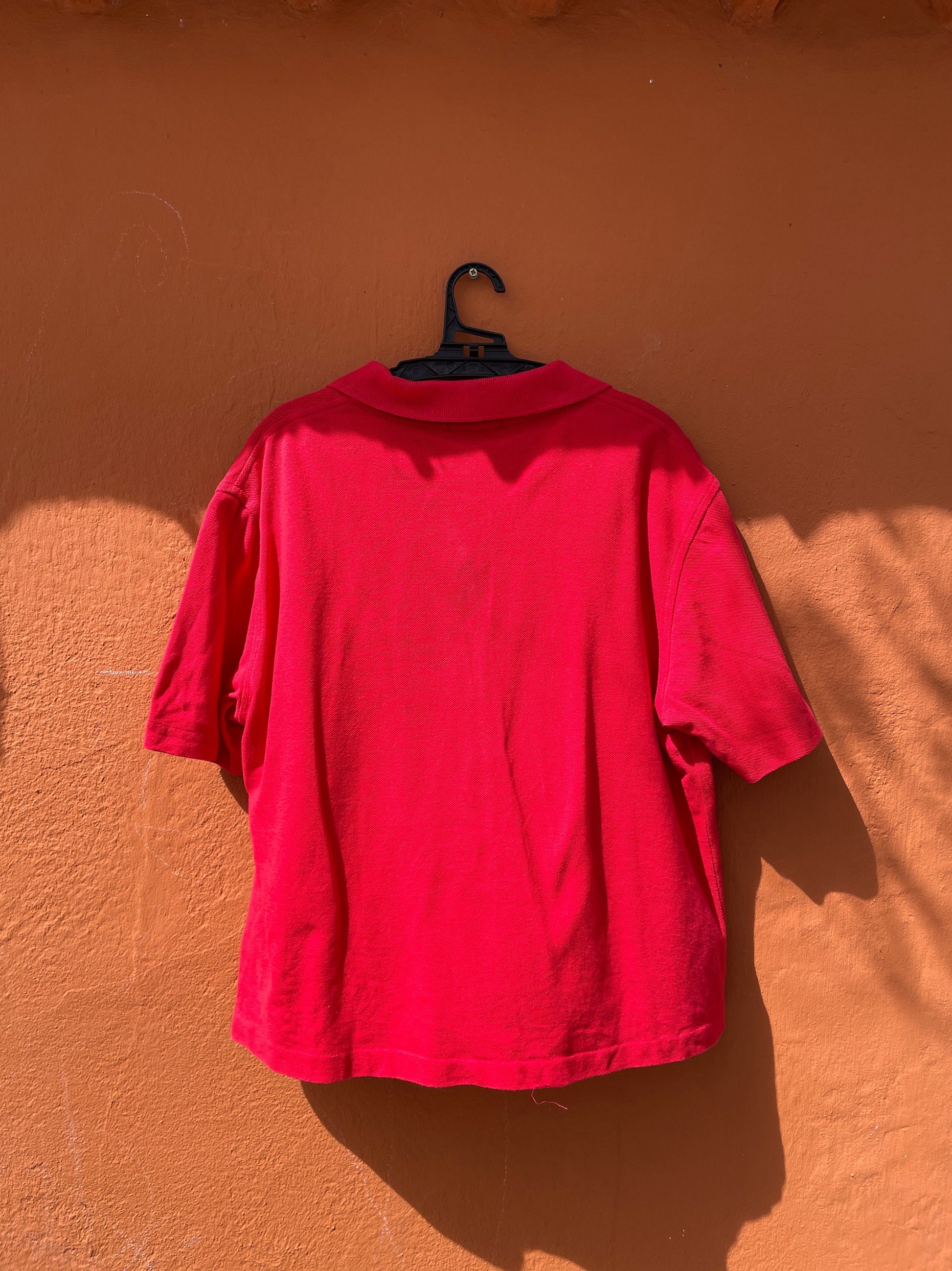 Vintage Burberry red polo shirt – check collar, logo detail, size M-L, Y2K designer button top