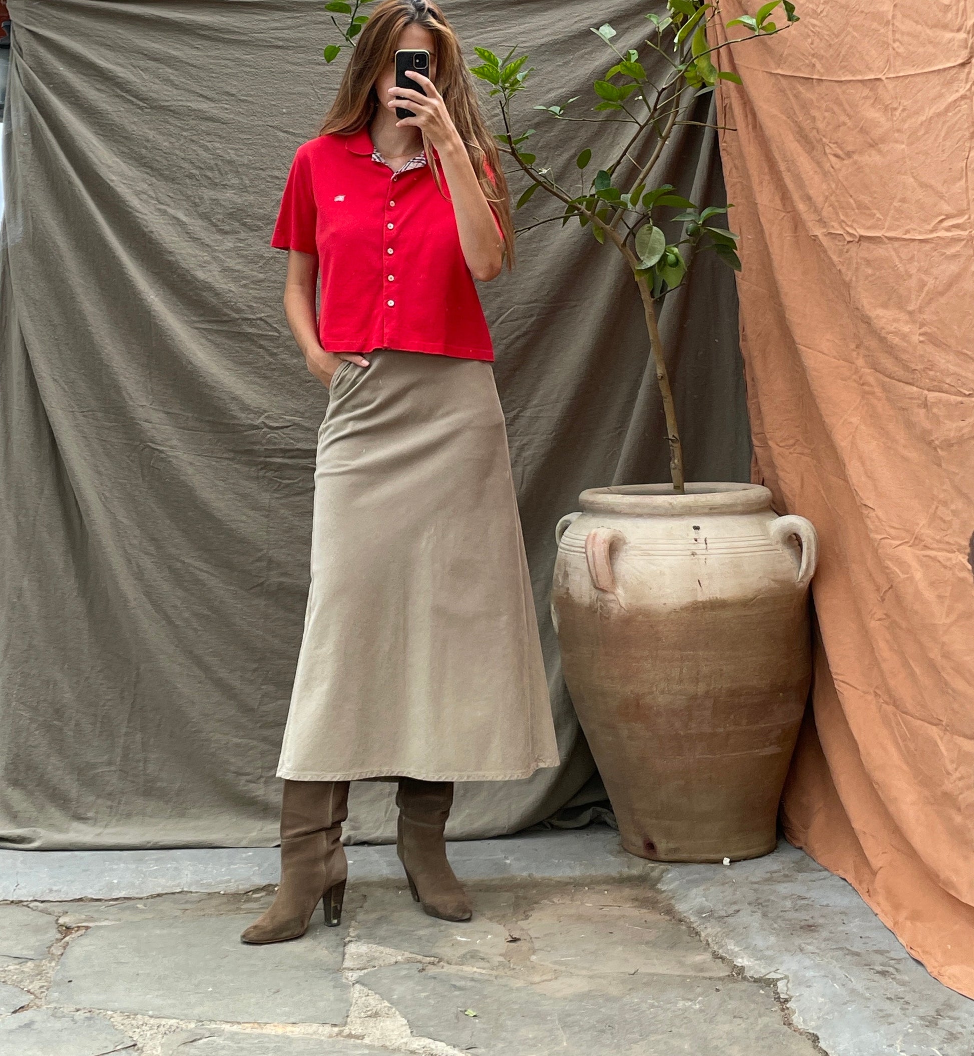 Vintage Burberry red polo shirt – check collar, logo detail, size M-L, Y2K designer button top