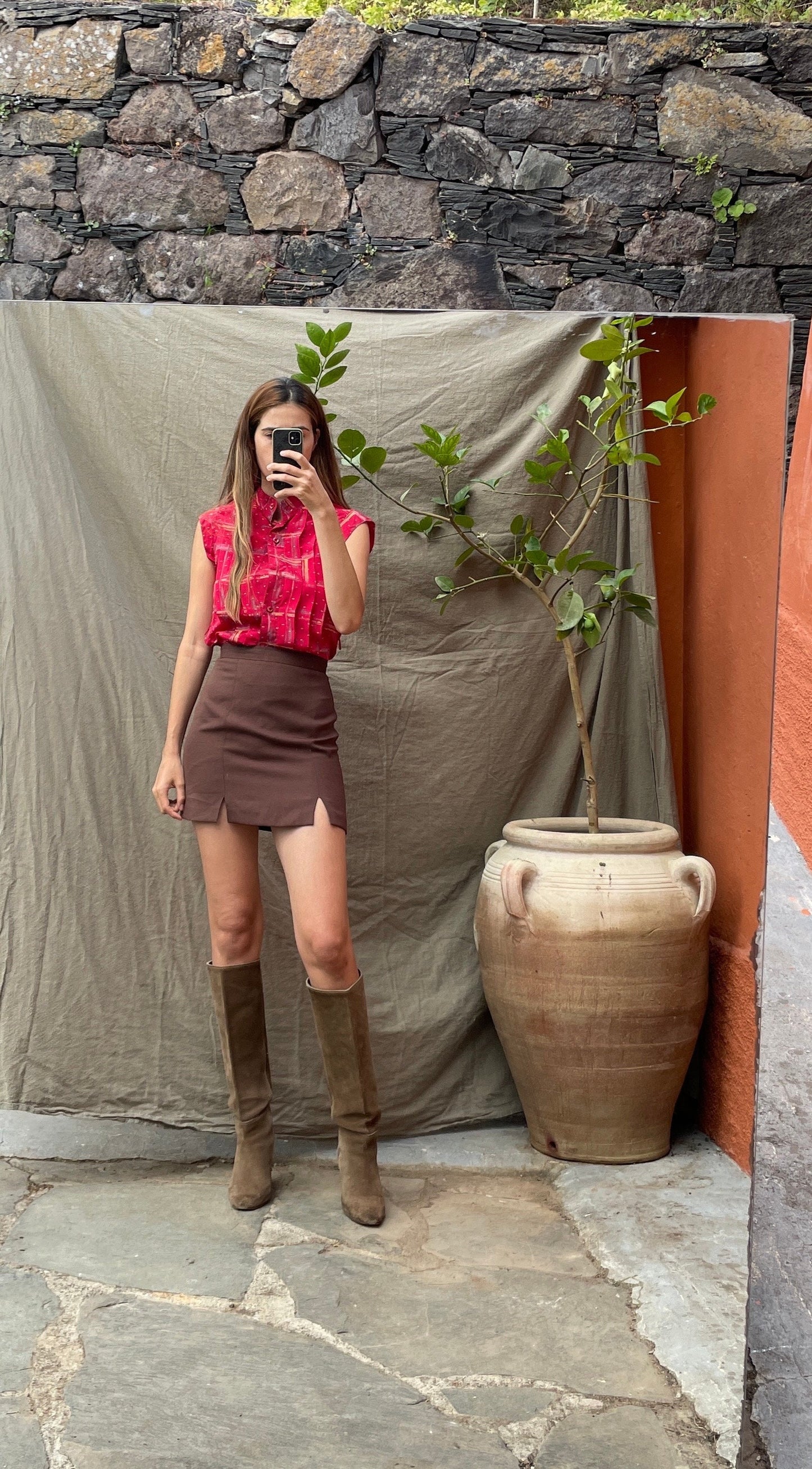80s Vintage Cap Sleeve Blouse with Unique Pattern, Red vibrant summer button up shirt