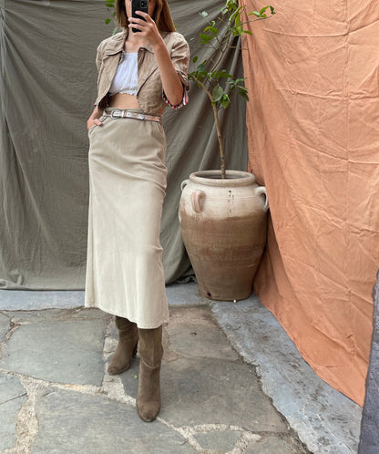 Vintage French Brown Linen Cropped Jacket — fabric close-up