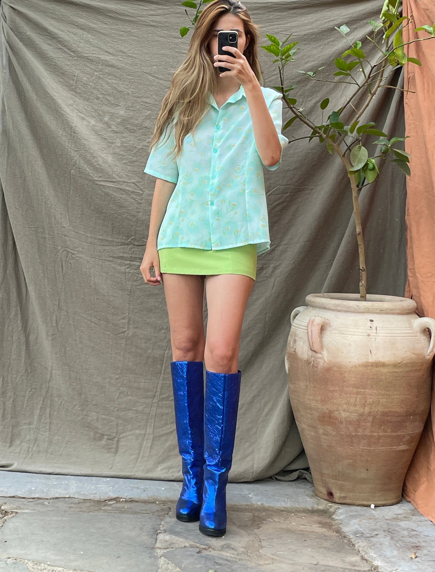 Turquoise Floral Vintage Blouse, Oversized woman clothing, Loose knot tie button up shirt, Retro fashion style