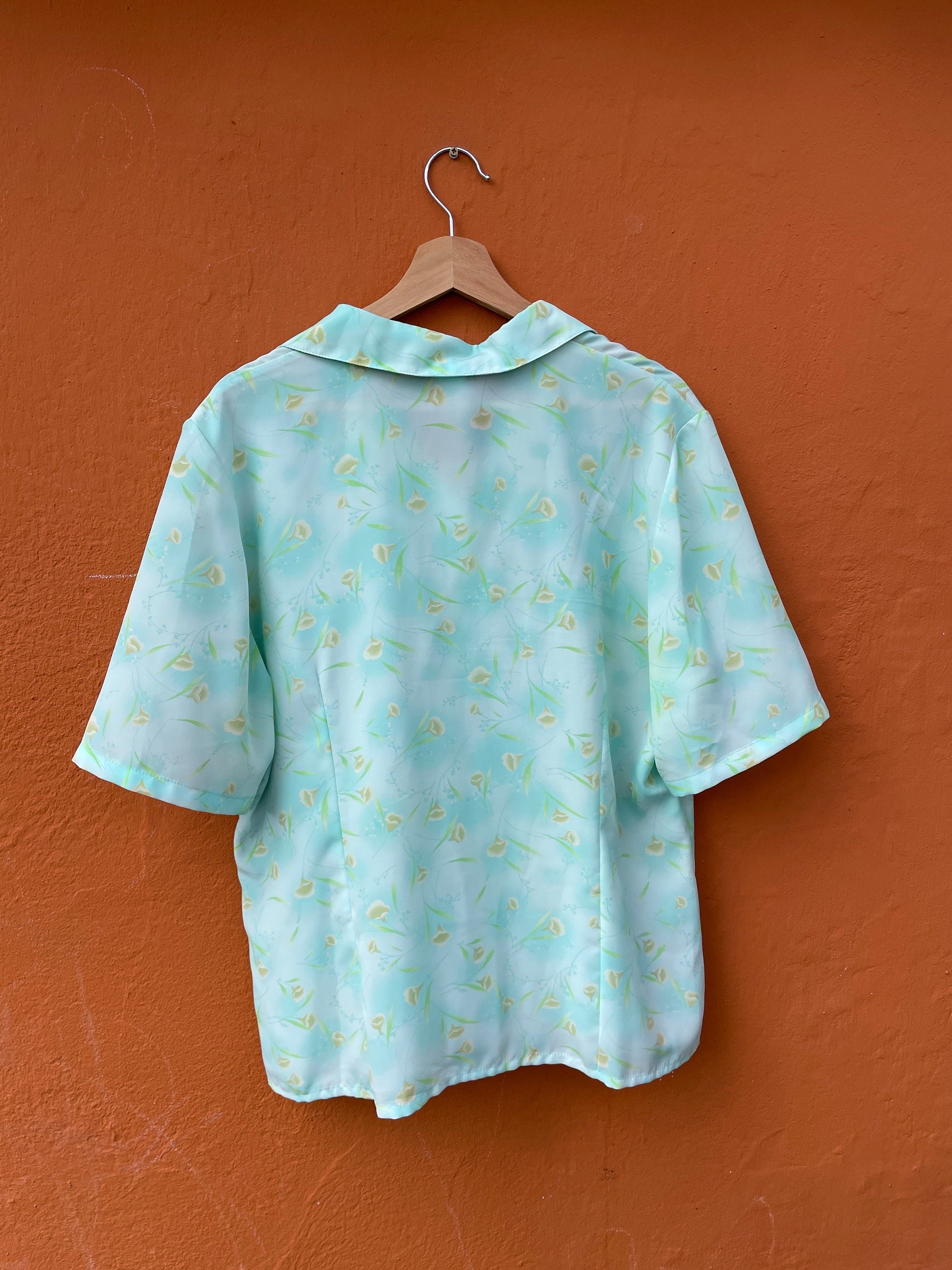 Turquoise Floral Vintage Blouse, Oversized woman clothing, Loose knot tie button up shirt, Retro fashion style