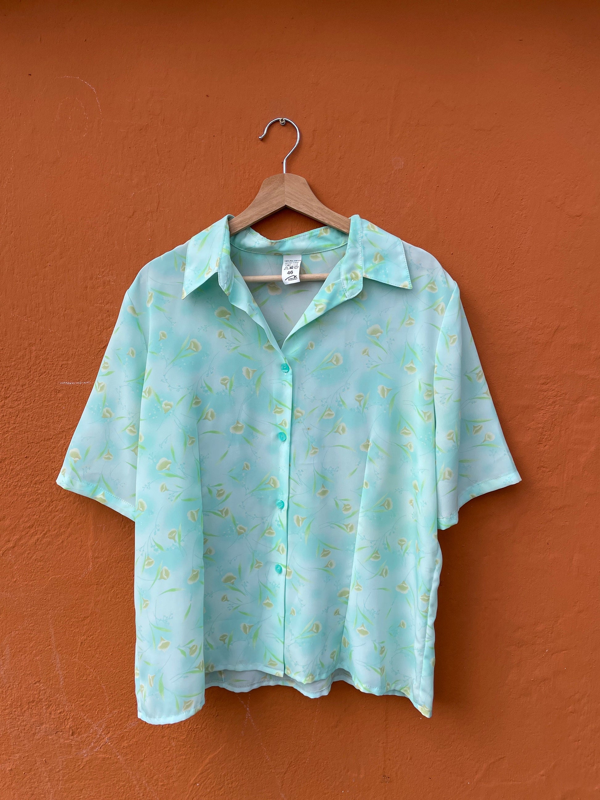 Turquoise Floral Vintage Blouse, Oversized woman clothing, Loose knot tie button up shirt, Retro fashion style