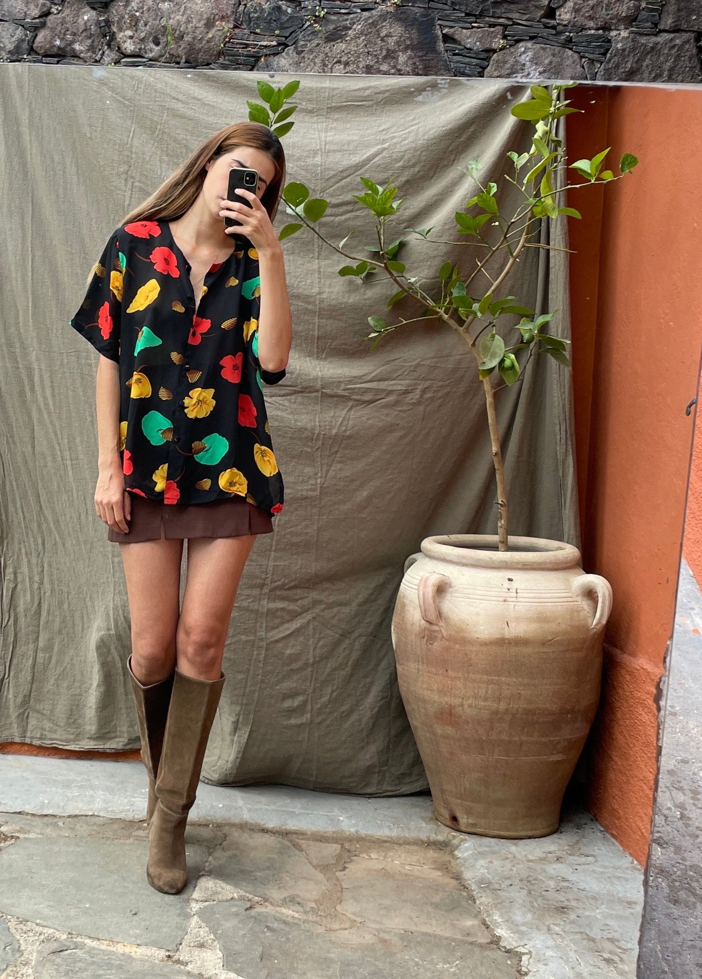 Vintage knot tie wrap blouse, Cute short sleeve summer shirt, Loose oversized blouse, 90s Black Floral Print Sheer Blouse, Crop top