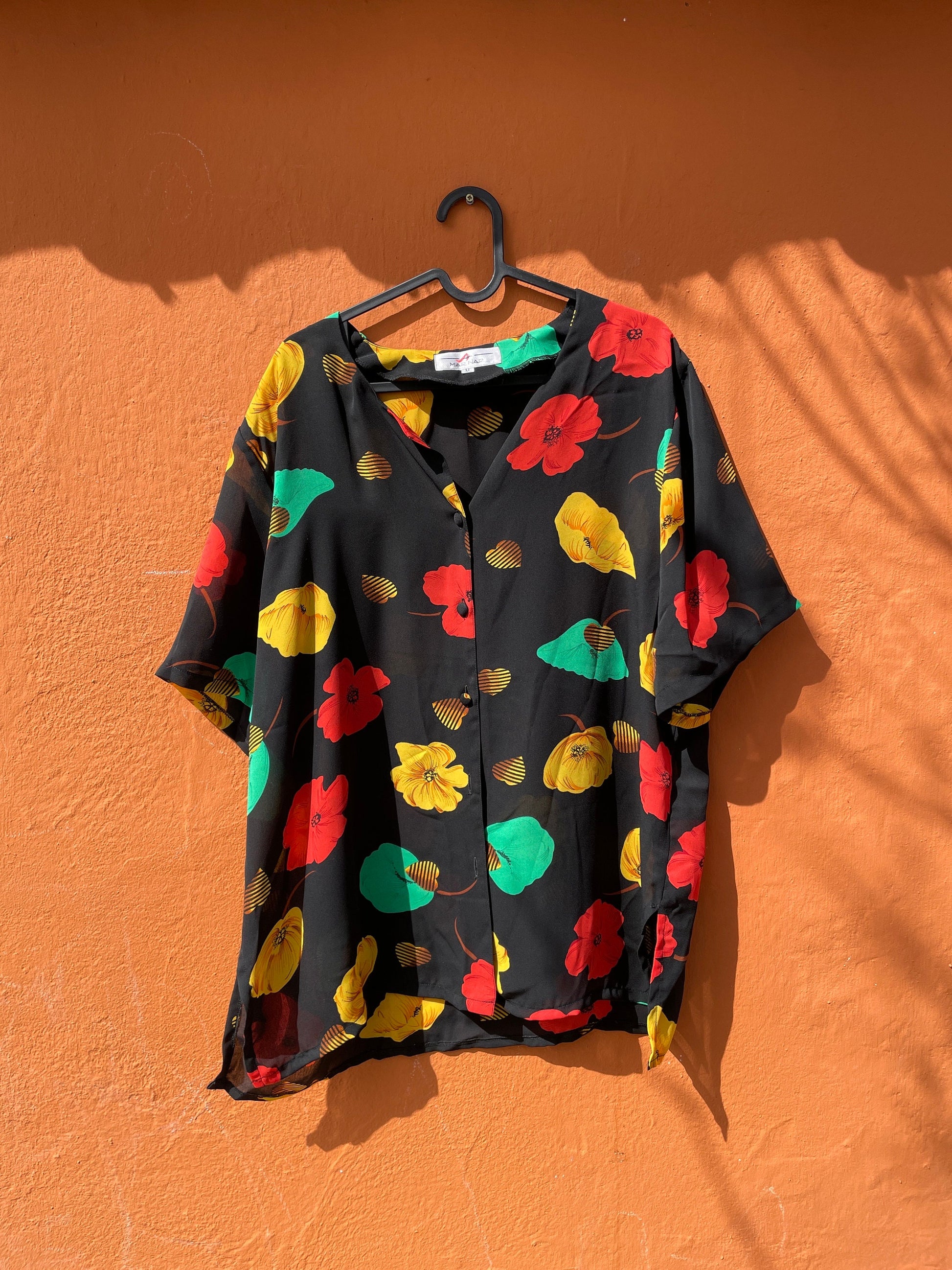 Vintage knot tie wrap blouse, Cute short sleeve summer shirt, Loose oversized blouse, 90s Black Floral Print Sheer Blouse, Crop top