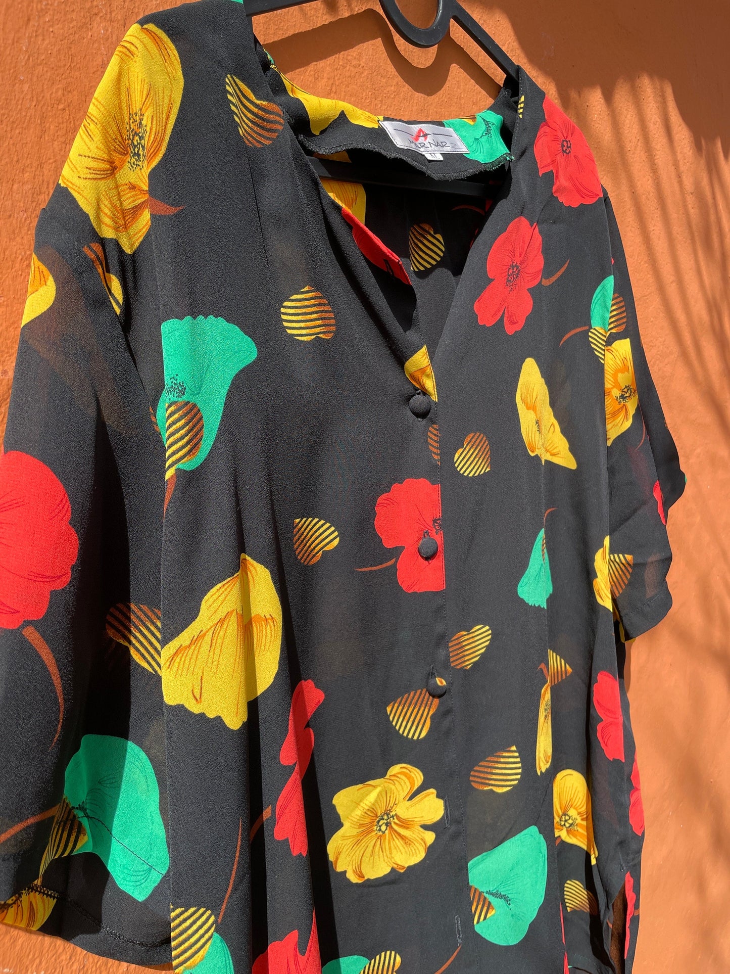 Vintage knot tie wrap blouse, Cute short sleeve summer shirt, Loose oversized blouse, 90s Black Floral Print Sheer Blouse, Crop top