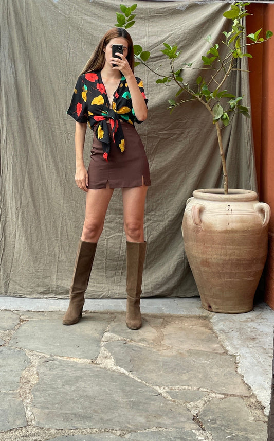 90s Black Floral Sheer Wrap Blouse