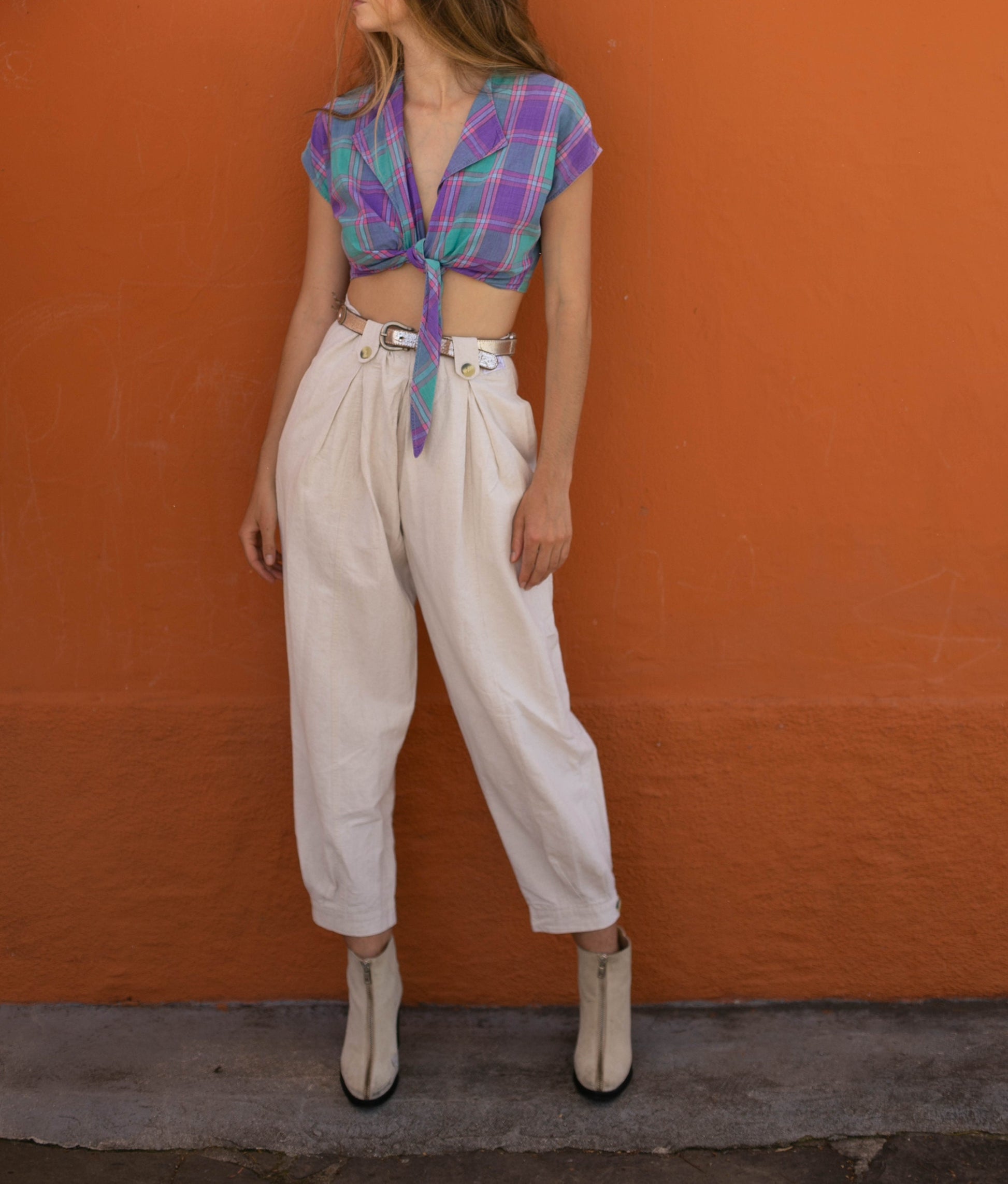 Purple green lumberjack summer blouse, Vintage plaid women's shirt, Cotton check button down shirt, Cute knot tie wrap top, S