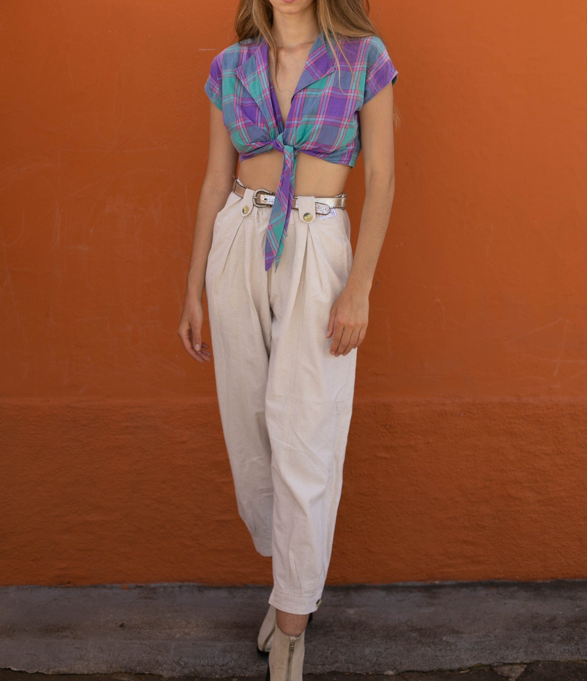 Purple green lumberjack summer blouse, Vintage plaid women's shirt, Cotton check button down shirt, Cute knot tie wrap top, S
