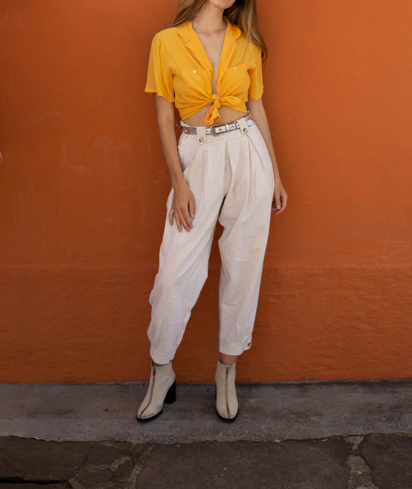 Silk vintage woman blouse in a curry yellow colour, Lightweight summer blouse, short sleeve shirt, Vintage clothing,