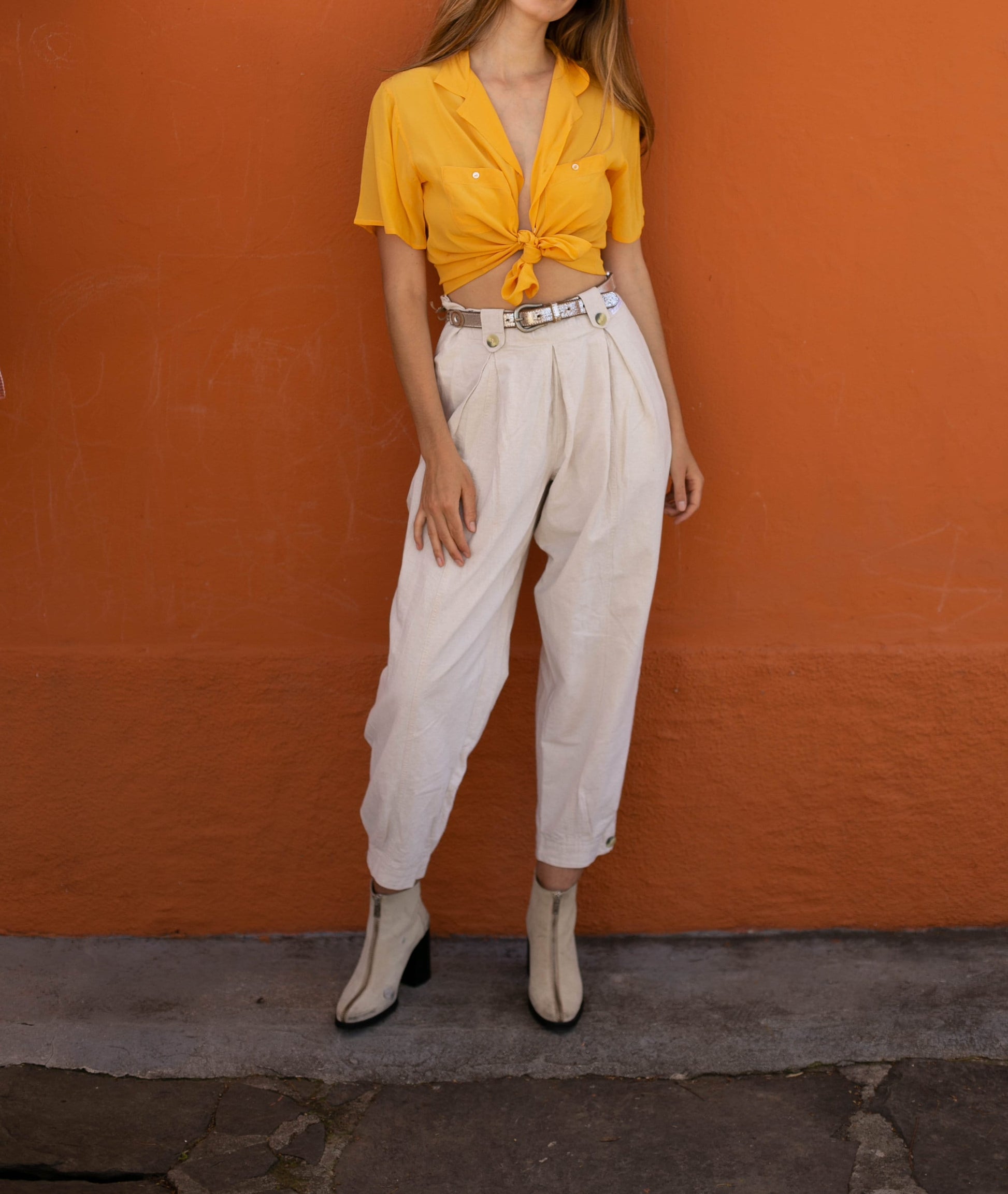 Silk vintage woman blouse in a curry yellow colour, Lightweight summer blouse, short sleeve shirt, Vintage clothing,