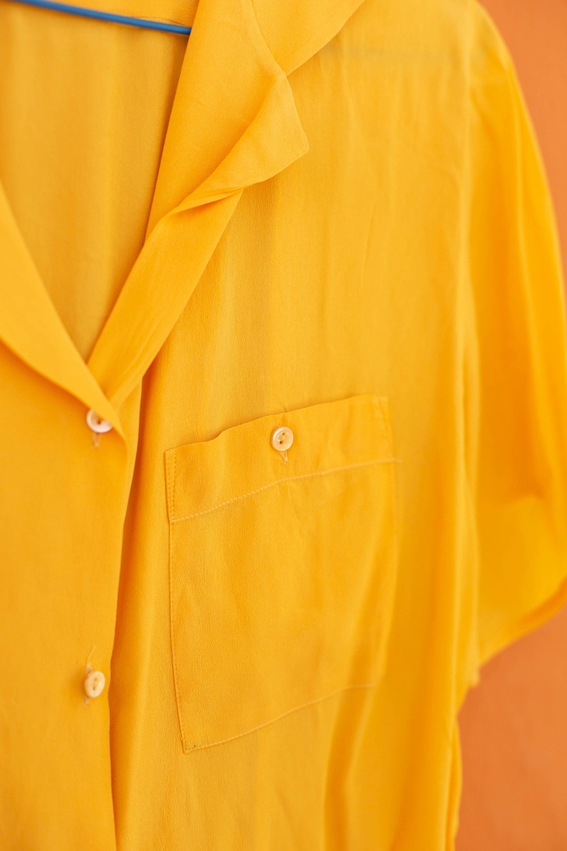 Silk vintage woman blouse in a curry yellow colour, Lightweight summer blouse, short sleeve shirt, Vintage clothing,