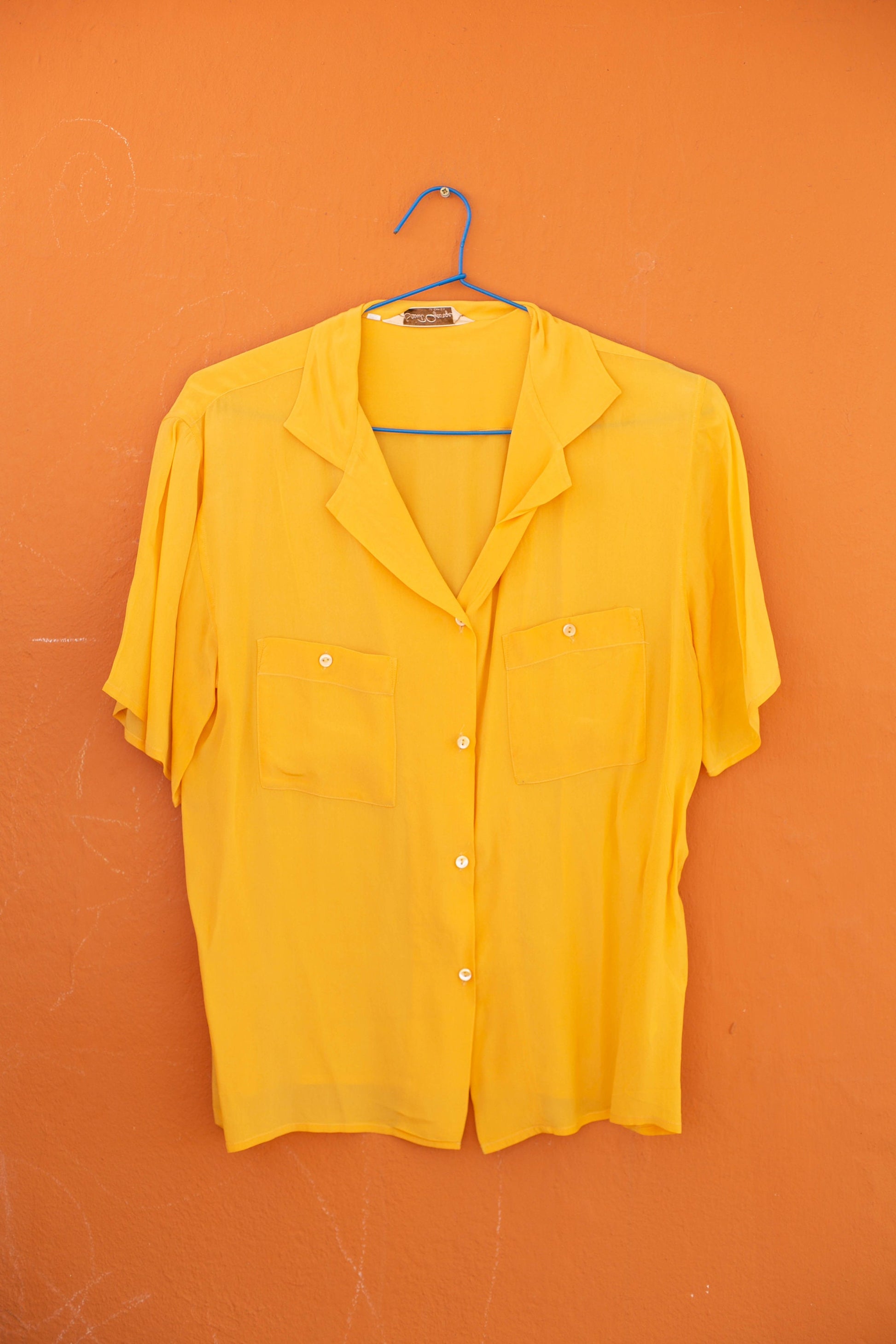 Silk vintage woman blouse in a curry yellow colour, Lightweight summer blouse, short sleeve shirt, Vintage clothing,