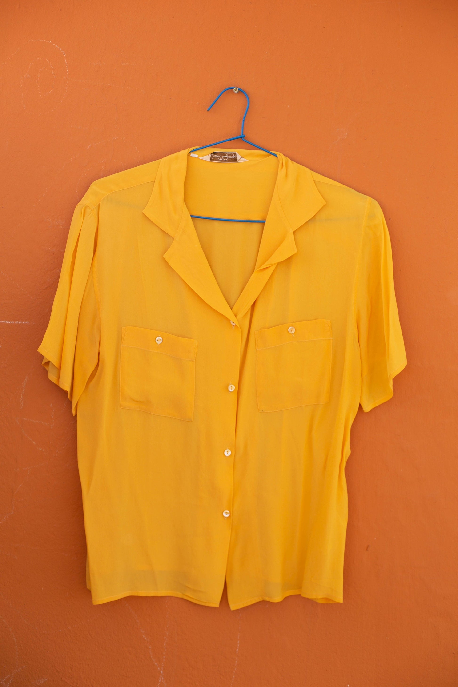 Silk vintage woman blouse in a curry yellow colour, Lightweight summer blouse, short sleeve shirt, Vintage clothing,