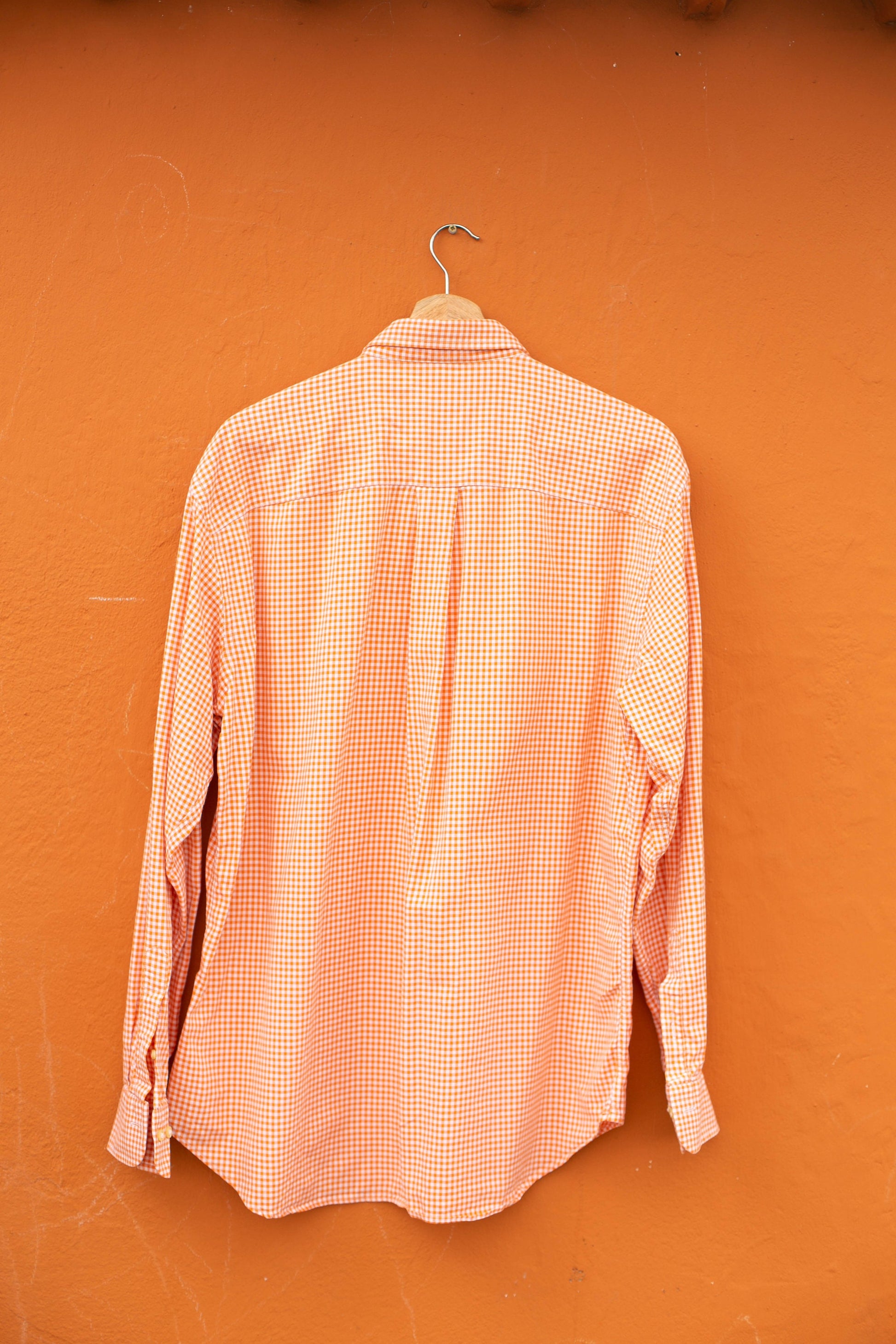 Vintage Burberry London checkered orange button up shirt, Collared long sleeve design shirt, Oxford summer blouse, US L - XXL