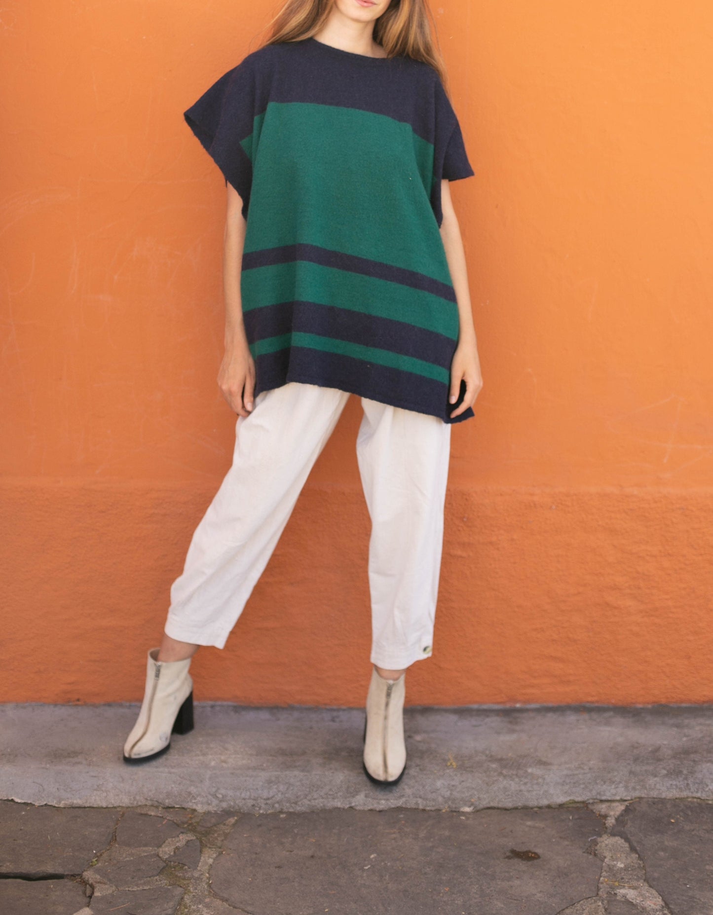 Navy Blue and Green Wool Poncho — fabric close-up