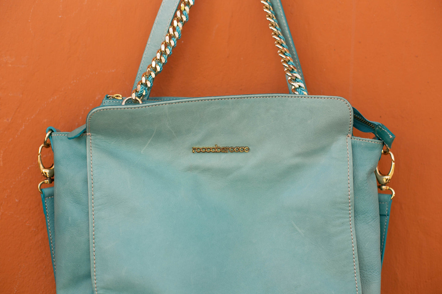 turquoise Rocco Barocco designer cross body bag, Shoulder bag, Light blue handbag, Medium leather bag, shoulder bag, tote bag, schoolbag