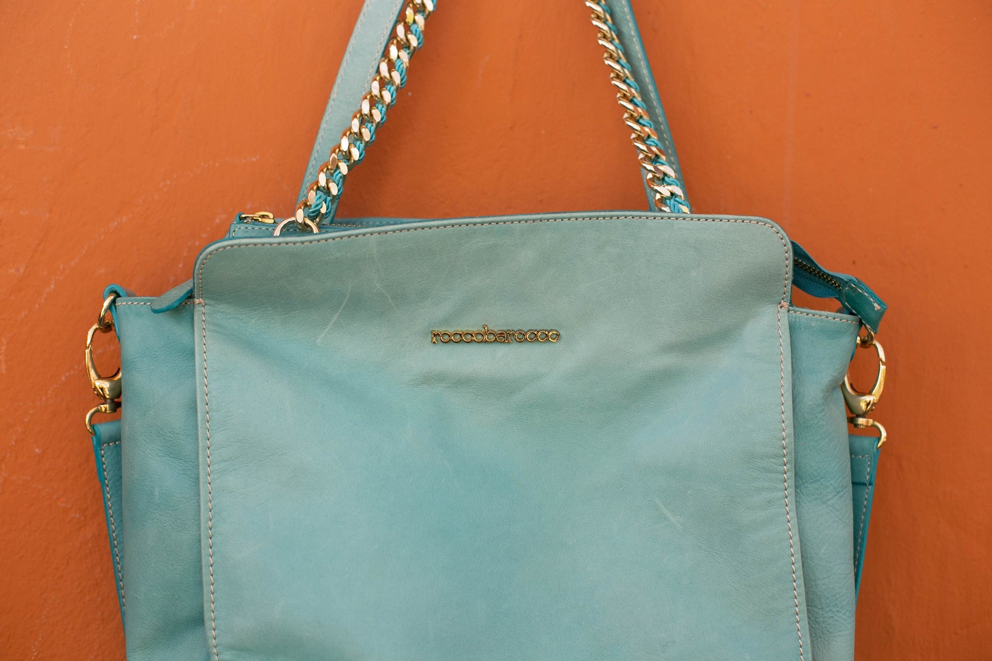 turquoise Rocco Barocco designer cross body bag, Shoulder bag, Light blue handbag, Medium leather bag, shoulder bag, tote bag, schoolbag