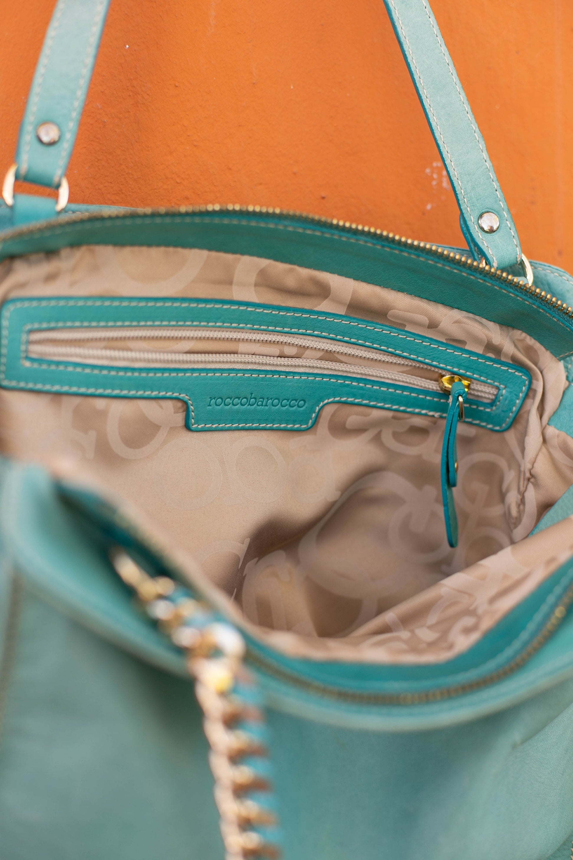 turquoise Rocco Barocco designer cross body bag, Shoulder bag, Light blue handbag, Medium leather bag, shoulder bag, tote bag, schoolbag