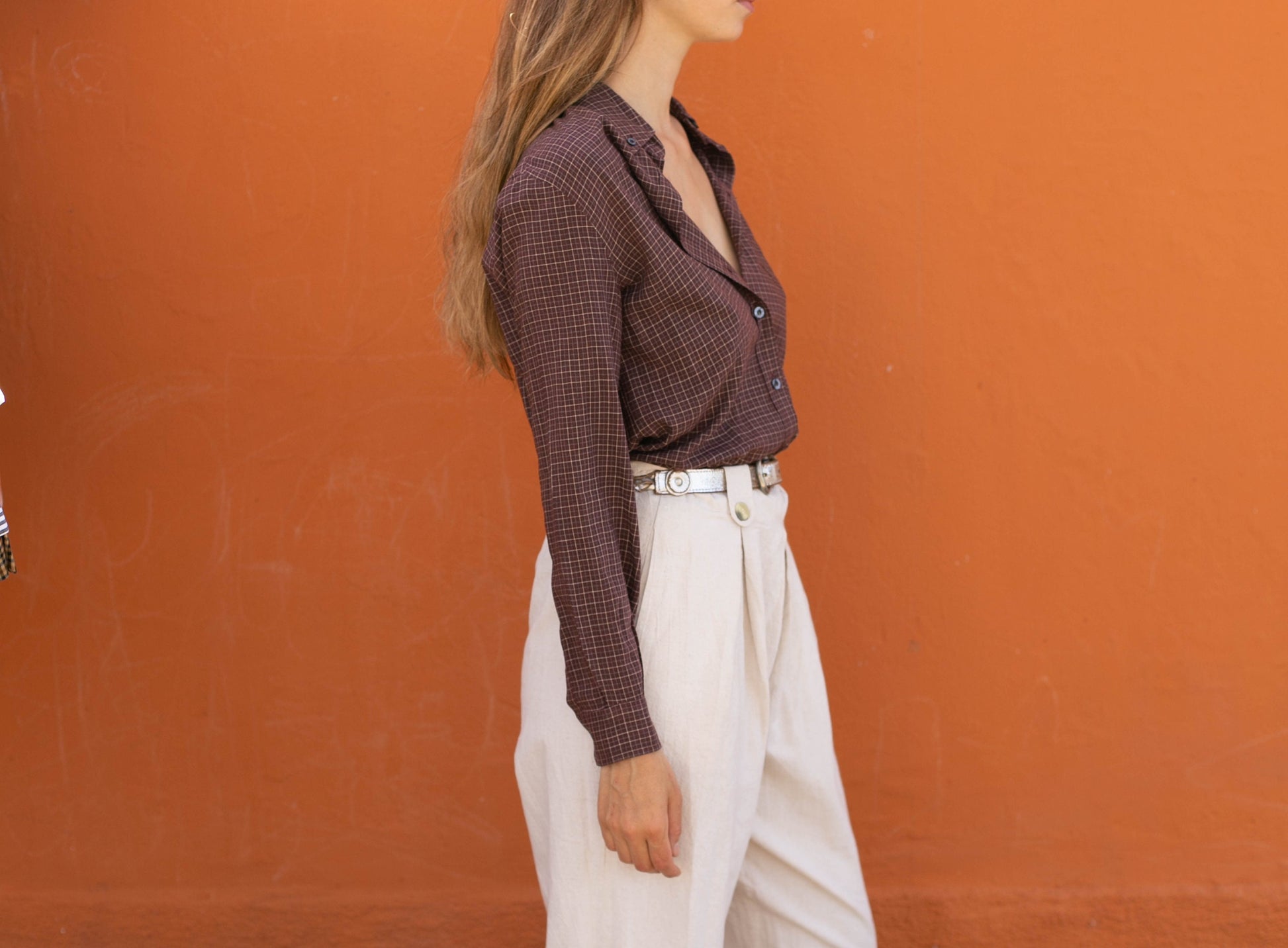 Thomas Burberry vintage plaid blouse – size L, burgundy check, logo buttons, designer button down