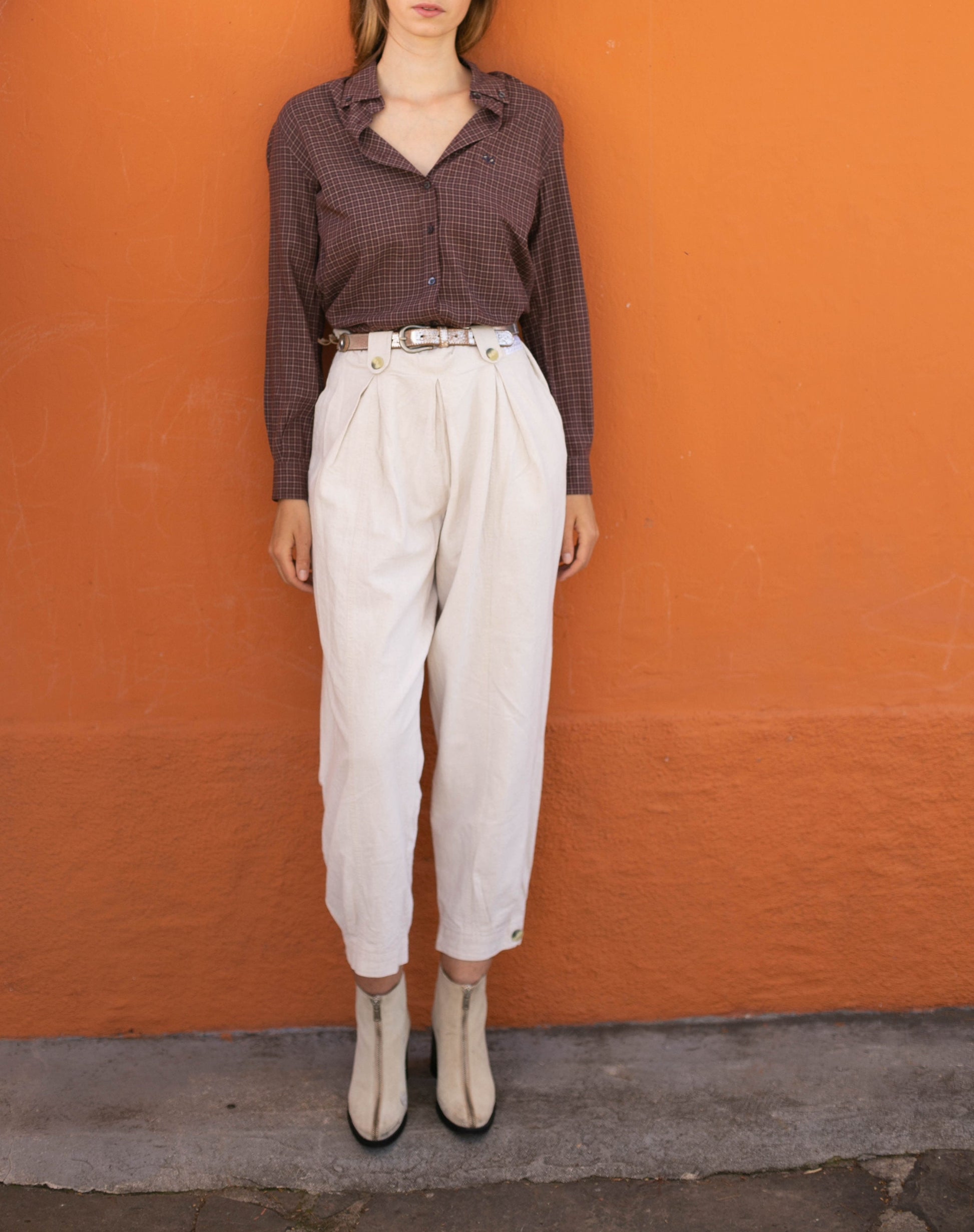 Thomas Burberry vintage plaid blouse – size L, burgundy check, logo buttons, designer button down