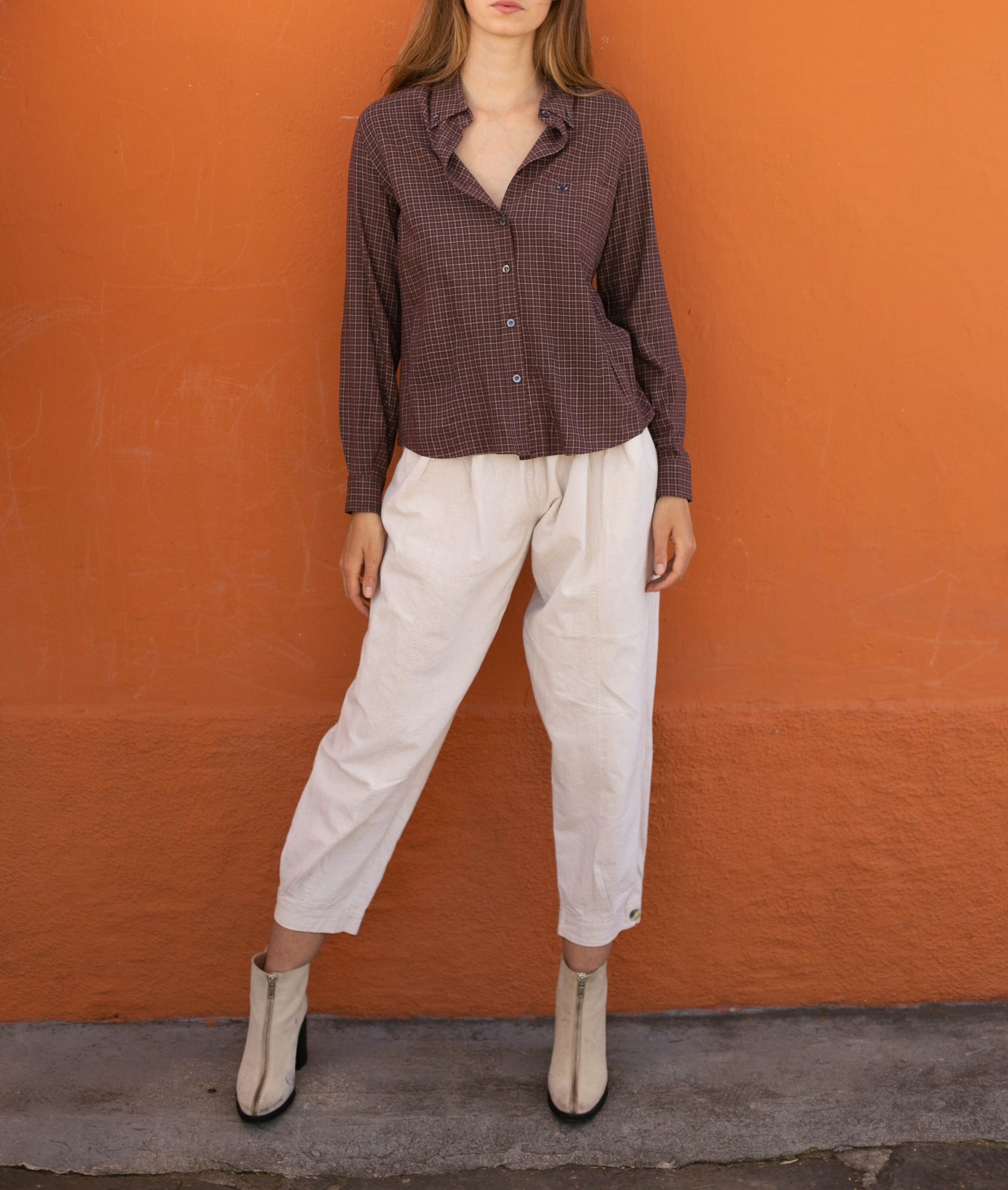 Thomas Burberry vintage plaid blouse – size L, burgundy check, logo buttons, designer button down