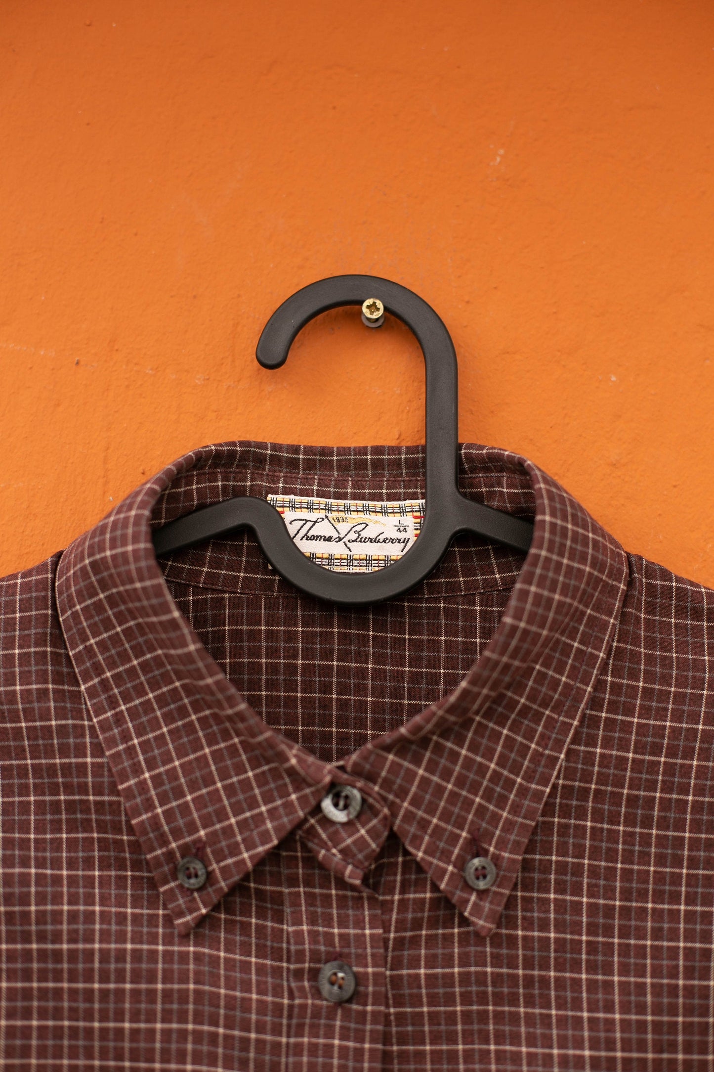 Thomas Burberry vintage plaid blouse – size L, burgundy check, logo buttons, designer button down